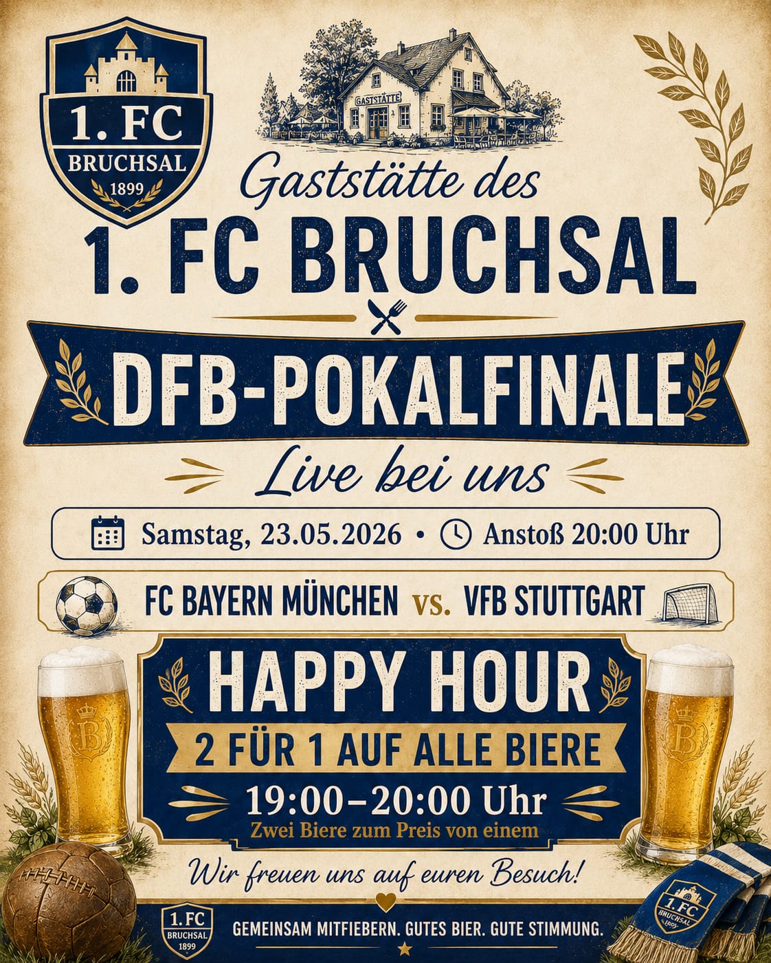 Eine wichtige Info von unserem Clubhaus-Team:
⚽ DFB-Pokalfinale live bei uns! 🍻
Am Samstag, den 23.05.2026, zeigen wir das große Finale live in der Gaststätte des 1. FC Bruchsal:
FC Bayern München vs. VfB Stuttgart
⏰ Anstoß: 20:00 Uhr
Dazu starten wir passend vor dem Spiel unsere Happy Hour:
🍺 2 für 1 auf alle Biere
🕖 von 19:00 bis 20:00 Uhr
Zwei Biere bestellen — nur eins bezahlen.
Kommt vorbei, bringt gute Laune mit und erlebt gemeinsam mit uns einen starken Fußballabend in geselliger Runde.
Gaststätte des 1. FC Bruchsal
Gemeinsam mitfiebern. Gutes Bier. Gute Stimmung. ⚽🍻
Dieser Post steht unter redaktioneller Verantwortung des Betreibers der Gaststätte des 1.FC Bruchsal und wurde durch den 1.FC Bruchsal 1899 e.V. nicht auf Richtigkeit geprüft. Wir stellen ausschließlich die Werbefläche dem Betreiber zur Verfügung.