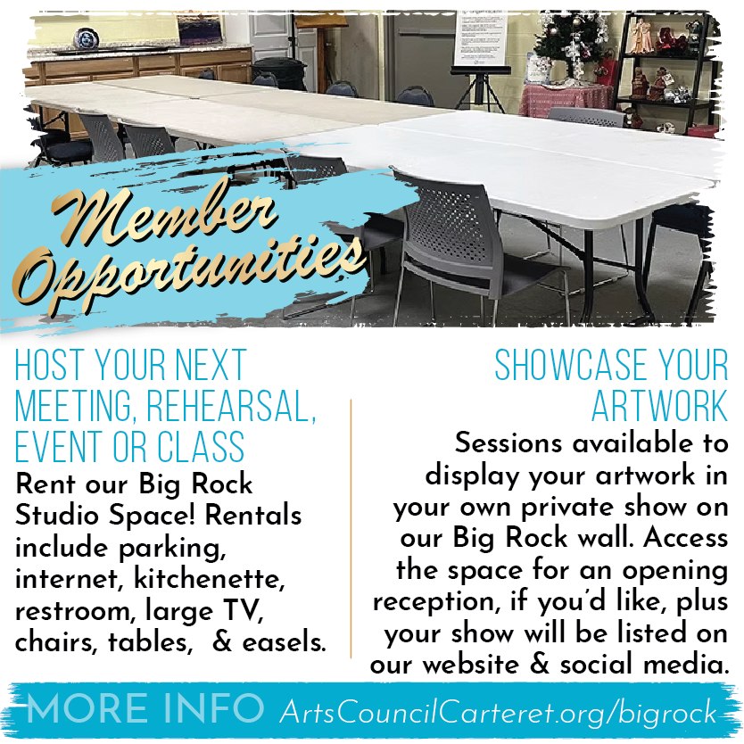 📢 The Arts Council of Carteret County is pleased to announce these great opportunities for our members! 📢
1️⃣ Showcase your artwork 🖼️ We are offering 4-week sessions where the 24-foot-long Big Rock wall will be available for you to display your artwork in your own private show. You will have access to the space for an opening reception, if you choose, and your show will be listed on our website and social media.
2️⃣ Host your next meeting, rehearsal, event or class in our Big Rock Studio space 🗓️ This 24’x 31’ room accommodates up to 50 people seated. Rentals are available Tuesday through Saturday from 11:00am to 5:00pm (after hours by request and at an additional fee).
If you are interested in taking advantage of these unique opportunities, please contact the Arts Council of Carteret County at artscouncilcarteret@gmail.com or 252.726.7550.
More details available at ArtsCouncilCarteret.org/bigrock