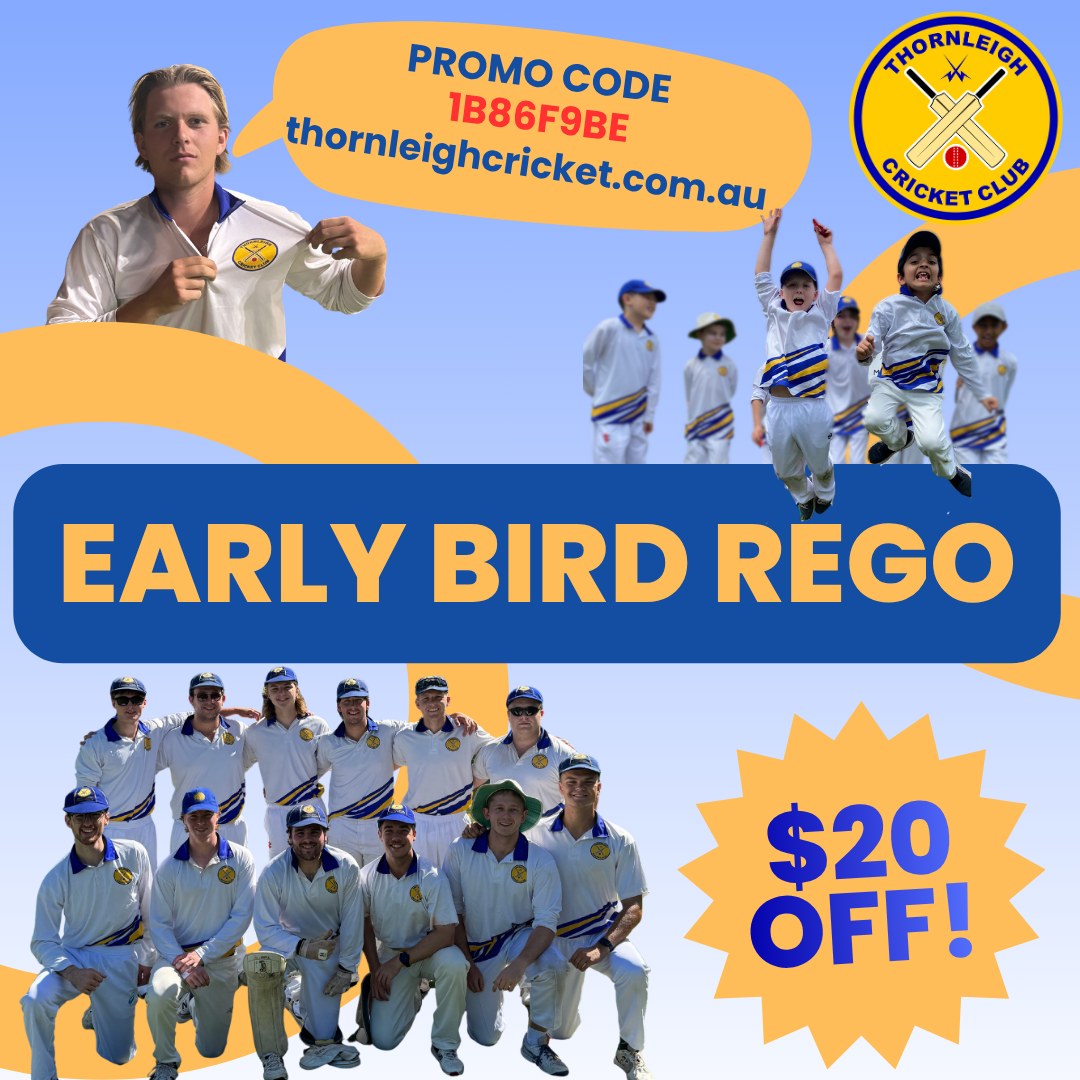 🏏 THORNLEIGH CRICKET CLUB – EARLY BIRD REGO NOW OPEN! 🏏
Get ready for the 2026/27 season and save 💥 $20 OFF registration 💥
Whether you’re signing up for:�
🔥 Juniors�
🔥 Seniors�
🔥 Cricket Blast
Use promo code: 1B86F9BE
⏳ Don’t miss your chance to lock in your spot and save before the season starts!
https://www.thornleighcricket.com.au/
🏏🏏🏏
Thanks as always to our Major Sponsor: @alto_mitsubishi_pennant_hills
and our Community Partners:
@magpieswaitara
@allenandsheppard
@scooda.creativehub
.....for your huge support of local community cricket.
#PlayCricketforThornleigh #ThornleighCricket #SummerSport #Cricket #Thornleigh #Westleigh #TforThornleigh #CommunityCricket
@cricketnsw
@cricketaustralia
@playcricket
@hkhdca
@thornleighsportsclub