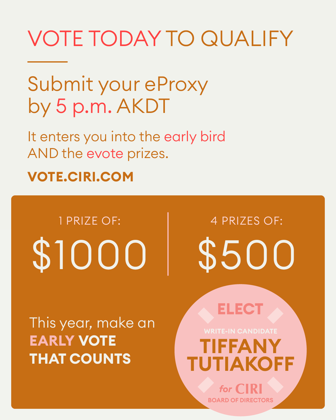 Fellow Shareholders, today is the third eVote and final Early Bird prize deadline!
If submitted by 5 p.m. TODAY, your eProxy qualifies you for the May 22 drawing and the remaining eVote prize drawing on May 26.
This year, make an early vote that counts.