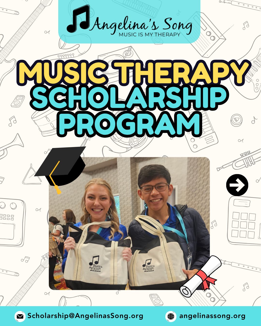 There are only 10 days left to apply for the Angelina’s Song Scholarship! ⏳
We’re honored to support students pursuing their passion for music therapy with scholarship awards of up to $5,000, with the opportunity for multiple recipients to be selected. If you or someone you know is working toward a future of helping others through music, we encourage you to apply before the deadline.
Don’t wait— applications close soon! 🎶
#MusicTherapyScholarship #MusicTherapyDegree #ScholarshipApplication #MusicTherapy #AngelinasSong