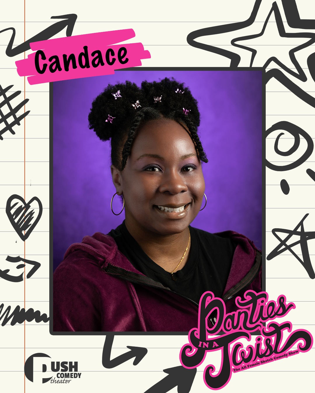 ✨ Cast Spotlight: Candace Perkins ✨
Candace may not technically be stepping into Panties in a Twist as cast this year, BUT if you know theater, you know the show doesn’t happen without the people making magic behind the scenes. After helping backstage last year and serving as Stage Manager this year, she’s part of the family. Keep your eyes open! She just may make a few on-stage appearances this year 😉 💜
At 13, Candace was busy playing football, running track, racing the boys outside, spending time at church, and blasting Aaliyah. Her celebrity crush? Usher, obviously. And Rock the Boat was on repeat.
Would 13-year-old Candace be impressed with who she is today?
Her answer: Maybe.
She said younger Candace was strict, a little “judgy” and probably wouldn’t approve of some of the stage shenanigans 😂 But she would be proud of the confidence, growth, and authenticity she’s developed over the years.
What she loves most about Panties in a Twist is watching talented women prove that women can do it all, while seeing the creativity grow bigger and funnier with every rehearsal.
And this year? She’s looking forward to hearing a theater full of people laugh and finally seeing all of the hard work come together at the Wells.
Also, if Candace could add an Olympic event, it would be drawing a perfect circle without lifting the pencil as fast as possible, which somehow feels both wildly specific and completely valid 😭
Come see the show and experience the magic for yourself 👇🏽
PANTIES IN A TWIST IS THIS WEEK!
📅 Saturday at 7:30 PM and Sunday at 2 PM
📍 Historic Wells Theater
🎟️ Tickets at the link in our bio
Panties in a Twist is presented by @wendyschofermd
Thank you to our sponsors:
@thecollectivetattoo
@flow.massage.nfk
@yorgosbageldashery
@themusewriterscenter
📸 Donald Campbell
#pushcomedytheater #neonfk #visitnorfolkva #piat13