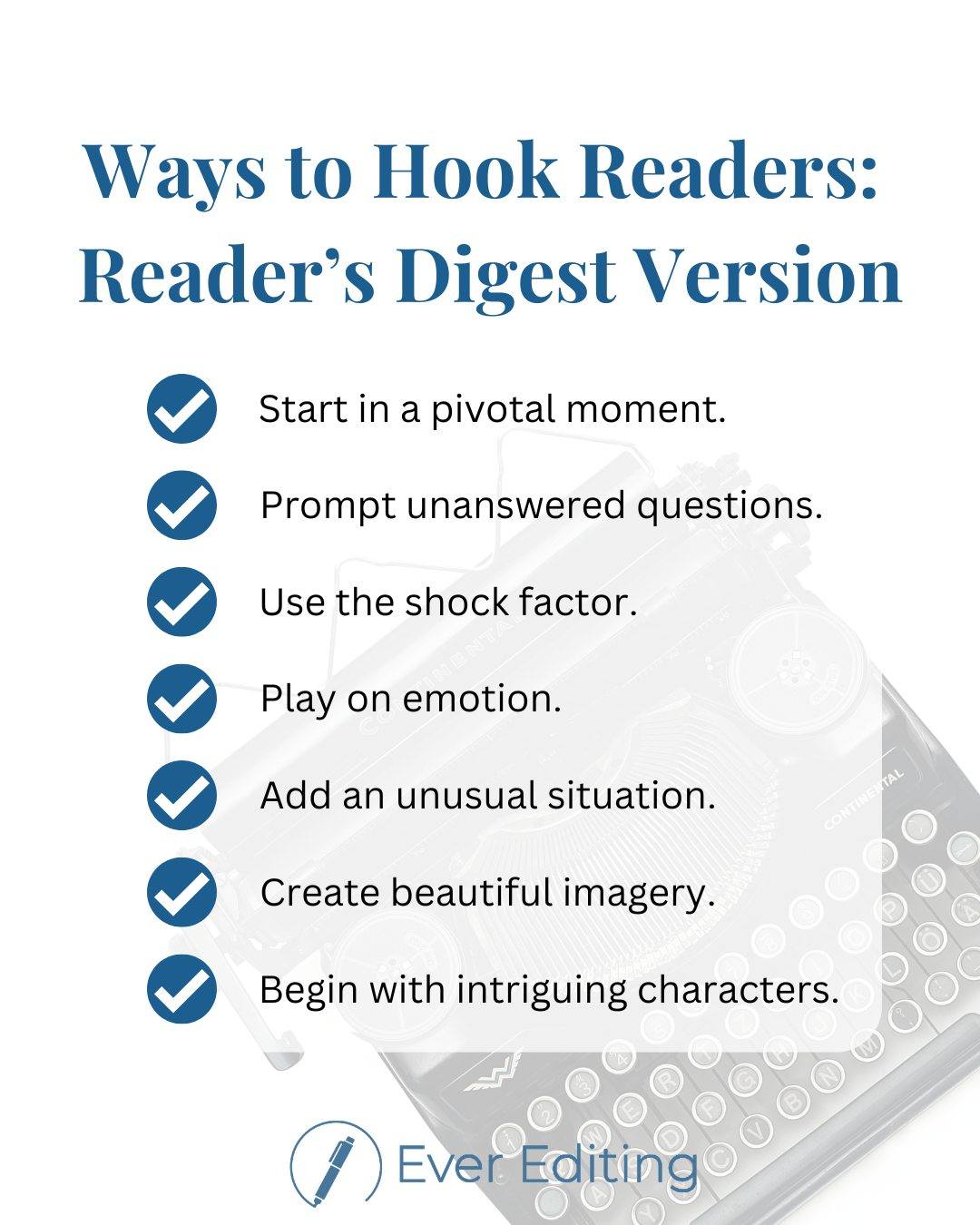 Oh, come on, you know you want more than the Reader’s Digest version of “How to Hook Readers!” Our latest tip has powerful examples of these seven methods to hook your readers, along with why and how you might use each hook method. Check it out right now!
www.everediting.com/tips/post/how-to-hook-readers
#Hook #BookEditor #Books #Editing #Freelance #Reading #WritersOfInstagram