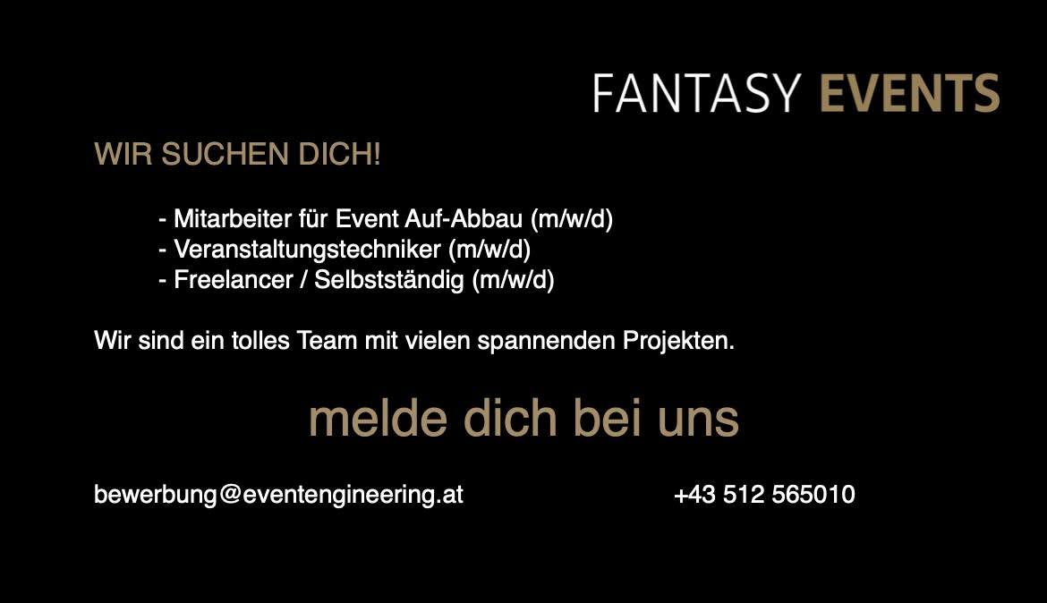 Wir suchen dich 💪🏻💪🏻
- Veranstaltungstechniker (m/w/d)
- Mitarbeiter für Event Auf-Abbau (m/w/d)
- Freelancer / Selbstständig (m/w/d)
Wir sind ein tolles Team mit vielen spannenden Projekten.
❗️melde dich bei uns ❗️
bewerbung@eventengineering.at
+43 512 565010
https://www.eventengineering.at/unternehmen