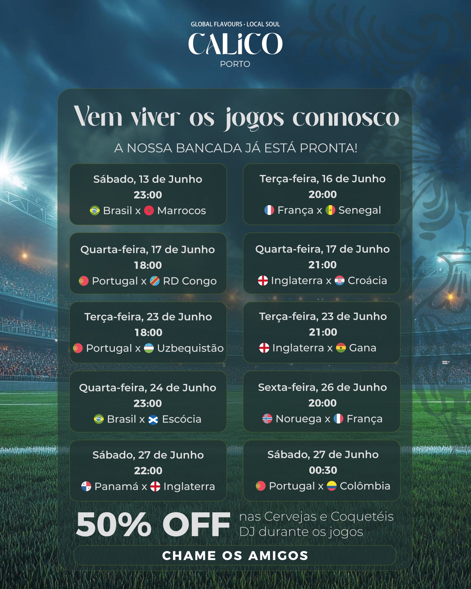 Vem viver os jogos no Calico.
Durante os jogos, aproveite 50% OFF em cervejas e cocktails, num ambiente pensado para reunir amigos, celebrar e acompanhar cada momento com boa música e DJs convidados.
Jantar, bar, música e energia no coração do Porto.
Chame os amigos e confira a nossa programação.
Rua da Meditação, 70 — Porto
Garanta já a sua reserva através do site.
🇬🇧
Come watch the games at Calico.
During the matches, enjoy 50% OFF on beers and cocktails, in an atmosphere designed to bring friends together and celebrate every moment with great music and guest DJs.
Dinner, bar, music and energy in the heart of Porto.
Bring your friends and check out our programme.
Rua da Meditação, 70 — Porto
Book now through our website.
#calicoporto #restaurante #bar #porto #copadomundo #copa2026