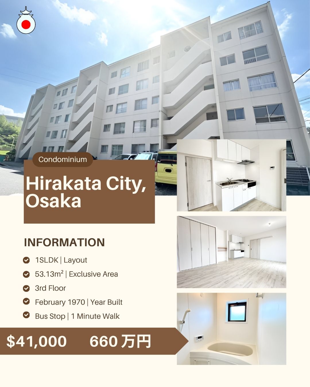 For Sale: 1SLDK Condo in Hirakata City, Osaka 🏙️
Koya-Michi
💰 Price: 6,600,000円 (Approx. $41,000 USD)
📐 Size: 53.13m²
🏢 Floor: 3rd out of 5 floors
🛠️ Built: February 1970
💳 Monthly Fees: ¥4,300 Management + ¥10,000 Repair
🚉 Access: Bus Stop | 1 Minute Walk
For full details and personalized guidance, click the link in the bio or message us directly. We’ll be happy to provide all the info you need 🔑
https://www.omoroiosaka.com/ #723 Week 90 Showcase
--------
Note:
Prices are based on exchange rates at the time of posting and may vary. Availability is not guaranteed and may change quickly.
Omoroi Osaka represents buyers and is not the listing broker. This post is for informational purposes only.
📢 Ad/Advertisement – 本投稿は広告です。Omoroi Osakaは元付業者でも宅建業者でもありません。
#HirakataRealEstate
#HirakataHouseForSale
#HirakataCondo
#OsakaRealEstate
#OsakaProperty
#KansaiProperty
#JapanRealEstate
#HirakataLiving
#OsakaHomesForSale
#OmoroiOsaka
