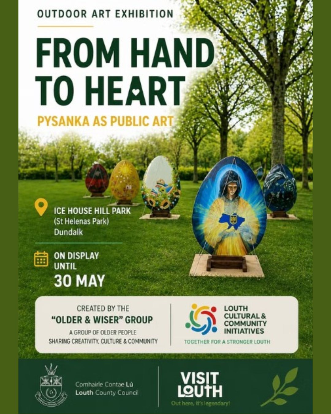 Something beautiful is happening in the heart of Dundalk 🌸
"From Hand to Heart: Pysanka as Public Art" is a unique outdoor exhibition bringing Ukrainian cultural heritage into the public spaces of Co. Louth. On show at Ice House Hill Park in Dundalk until 30th May, the exhibition was created by the "Older & Wiser" community group, celebrating art, heritage and unity through the ancient tradition of pysanky egg decorating.
📍 Ice House Hill Park, Dundalk, Co. Louth
🗓️ On display until Saturday 30 May
🔗 Info and details on visitlouth.ie
#VisitLouth #Dundalk #PublicArt #PysankaArt #UkrainianCulture