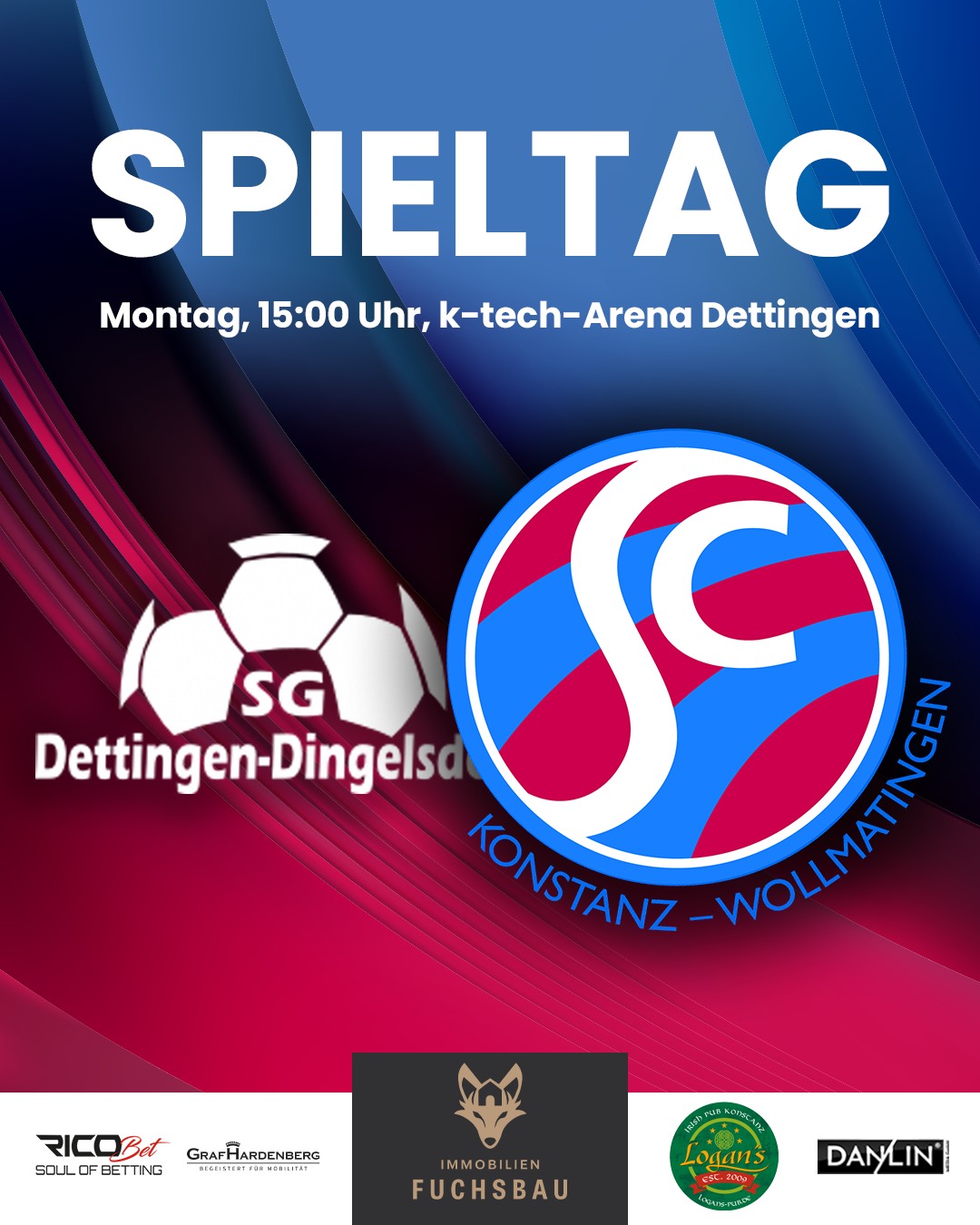 #SPIELTAG ⚽🥳
SG Dettingen-Dingelsdorf
vs. SC Konstanz-Wollmatingen
📆 Montag, 25. Mai 2026
🕝 15:00 Uhr
🏟 Rasenplatz, k-tech-Arena Dettingen
🗺️ Allensbacher Str. 43, 78465 Konstanz
#spieltag #landesliga #dettingen #konstanz