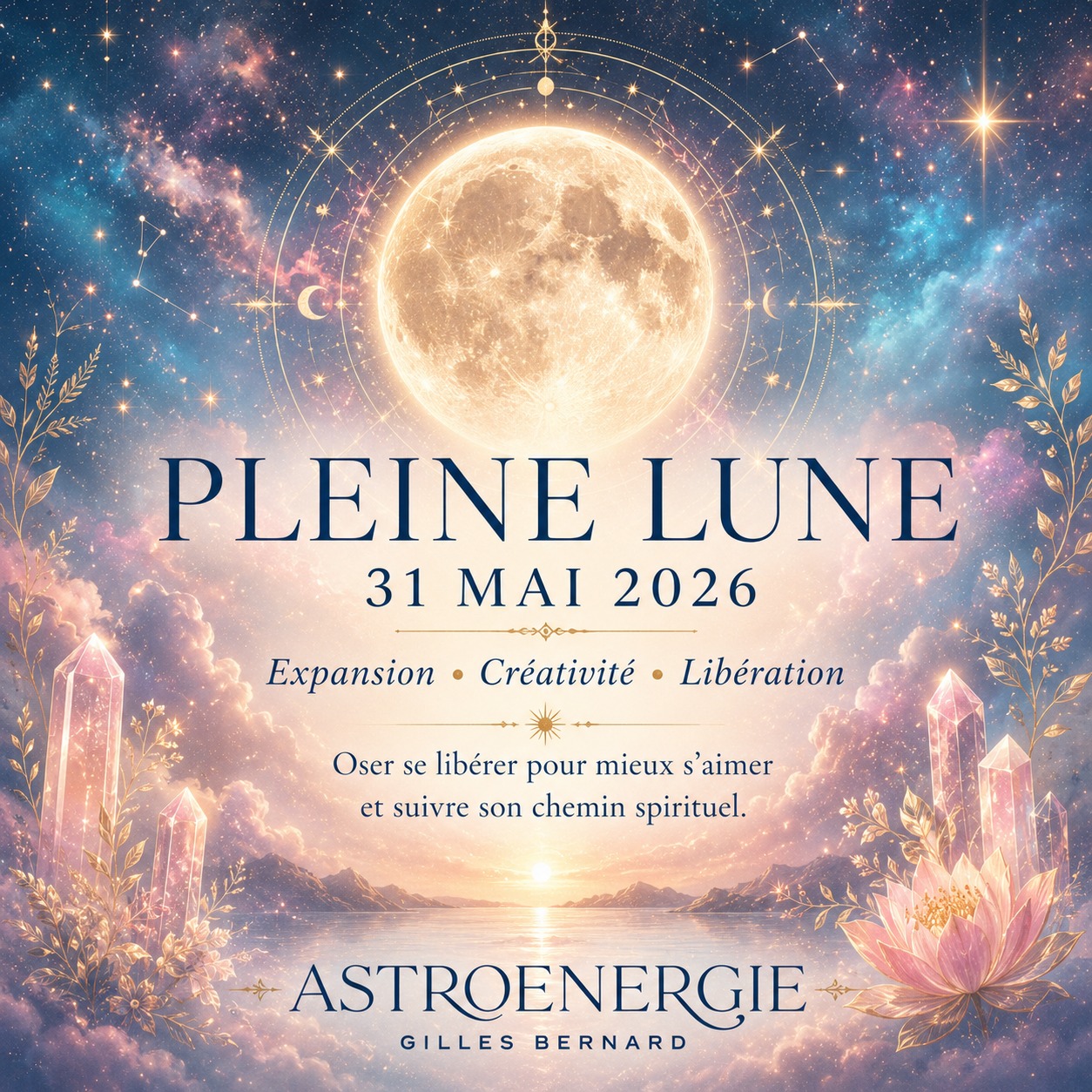 Belle Âme,
Pleine Lune du dimanche 31 mai 2026 🌕
Cette Pleine Lune ouvre un espace puissant de libération, d’expansion intérieure et de réveil spirituel.
Elle vient éclairer ce qui, en nous, demande à s’exprimer avec plus de vérité, de créativité et de confiance. Une part profonde de notre être cherche à sortir du silence, à reprendre sa place et à retrouver sa joie d’exister.
Mais cette lumière peut aussi toucher des zones sensibles : les doutes, les peurs d’être pleinement soi, les blessures liées au regard des autres ou les mémoires qui nous empêchent encore de rayonner librement.
Cette Pleine Lune nous invite à regarder ce qui limite notre épanouissement personnel. Sommes-nous encore attachés à des repères trop rigides ? À des croyances, des habitudes ou des sécurités qui ne nourrissent plus notre âme ?
Il ne s’agit pas de tout abandonner, mais de transformer ce qui empêche la vie de circuler plus largement en nous.
Son énergie est très émotionnelle, mais profondément spirituelle. Elle nous pousse à écouter l’appel intérieur, celui qui murmure depuis longtemps qu’un autre chemin est possible.
Un chemin plus vivant.
Plus créatif.
Plus aligné.
Plus relié à l’amour de soi.
Cette Pleine Lune nous rappelle que l’épanouissement ne naît pas toujours du contrôle. Il peut aussi naître d’un renoncement conscient, d’une libération intérieure, de la confiance en ce qui veut s’ouvrir.
Autour du 31 mai, une ancienne version de soi peut se détacher. Une vérité peut devenir plus claire. Un nouvel élan peut apparaître.
Il est peut-être temps d’oser emprunter pleinement son chemin spirituel.
Cette Pleine Lune ne nous demande pas d’être parfaits.
Elle nous invite simplement à être vrais.
Et à nous aimer assez pour choisir ce qui fait grandir notre âme.
Gilles
#PleineLune #PleineLune2026 #AstroEnergie #AstrologieSpirituelle #EnergieLunaire #CheminSpirituel #ExpansionDeConscience #LiberationEmotionnelle #AmourDeSoi #EpanouissementPersonnel #Spiritualite #DeveloppementPersonnel #EveilSpirituel #CreativiteSacree #TransformationInterieure #Lune #RituelDePleineLune #ConscienceDeSoi