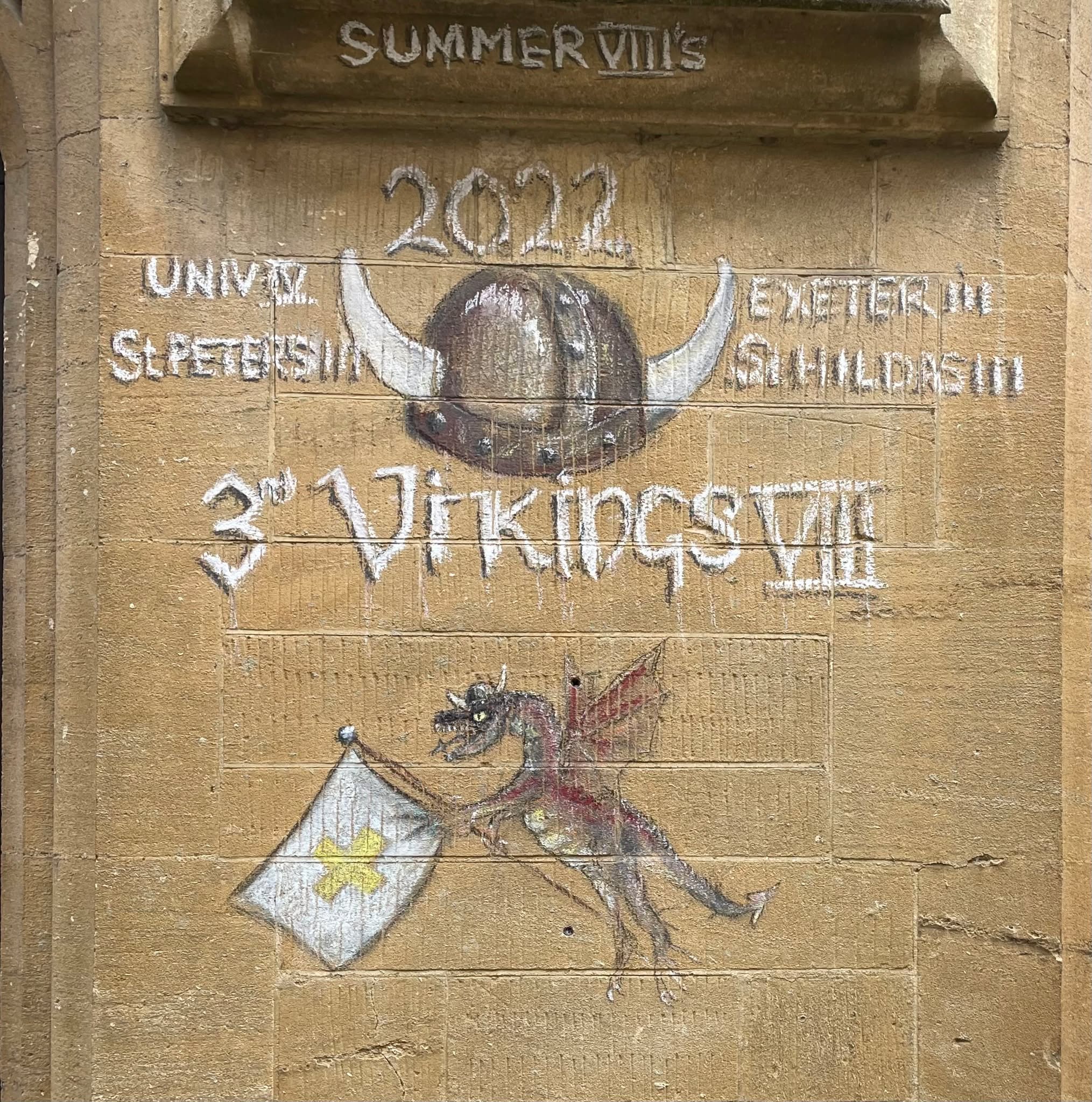 Oxford's rowers race each other this week. Successes where boats 'bump' another (the river is too narrow for overtaking) are recorded on college walls - this smart dragon is the emblem of Jesus College, which had a good year in 2022.
#offbeatcotswolds #bluebadgeguide #bluebadgeguides
#britainsbestguides #oxfordeights #jesuscollegeoxford #rowing #oxfordcolleges #universityrowing
#explore_britain_ #traveling_uk
#photosofengland #instabritain #europetravel