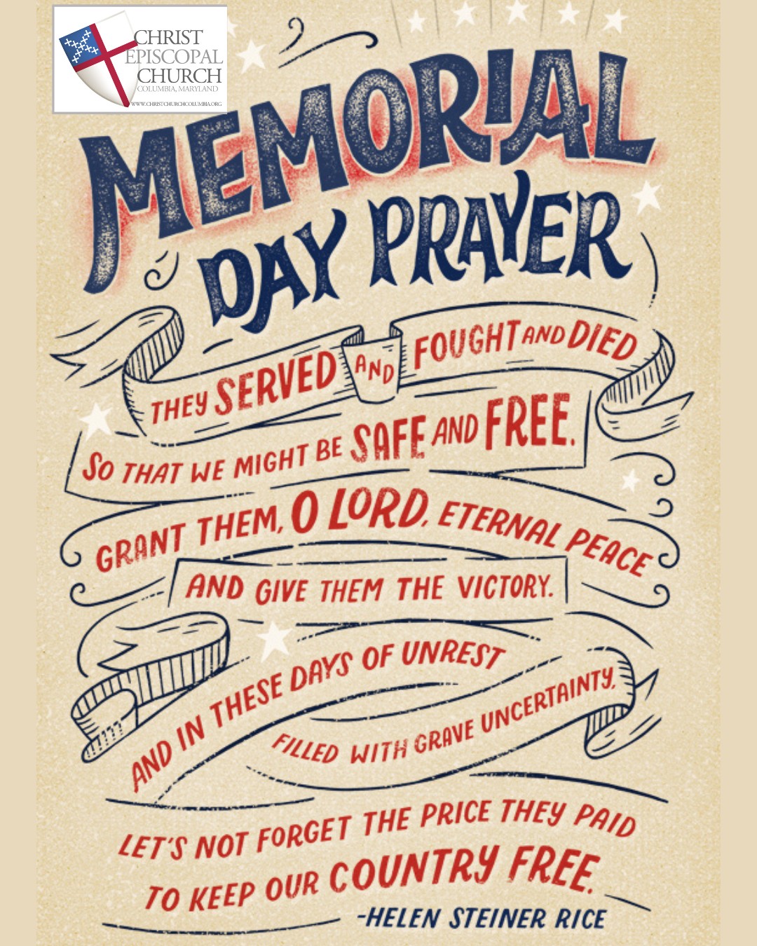 Today, we pause at Christ Church to honor and remember the brave men and women who made the ultimate sacrifice in service to our nation. Their courage and dedication will never be forgotten, and we live in freedom because of their devotion. Let us keep their families in our thoughts and carry their legacy of service forward.
#MemorialDay #remember #RememberThem #rememberthefallen #episcomd #PrayerForToday