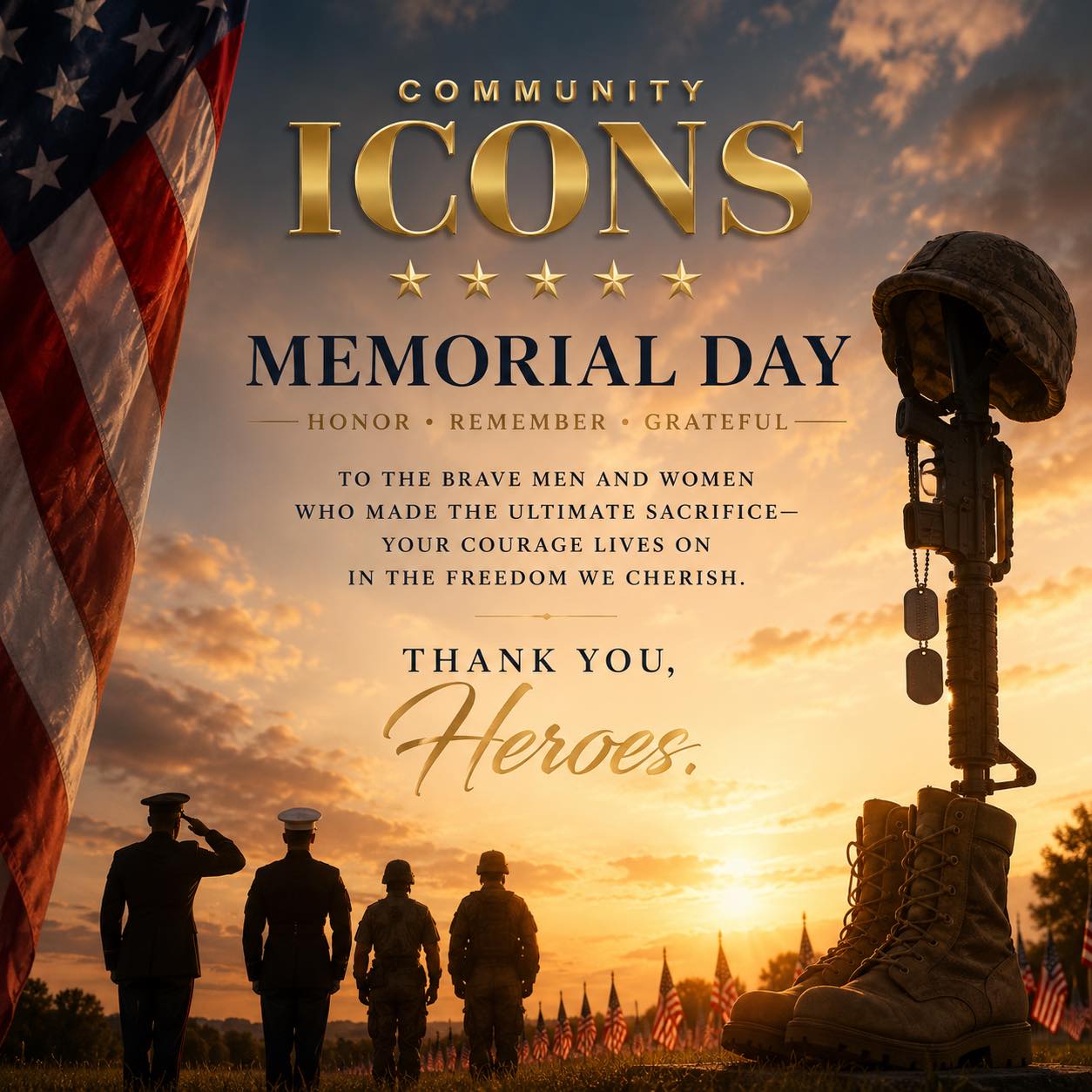 Today, we pause in reverence.
Not simply for a holiday, but for the extraordinary men and women who gave their lives in service to something greater than themselves… our freedom, our country, and the generations they would never meet.
At Community Icons, we believe legacy is built through sacrifice, courage, and quiet acts of honor that shape the world long after a life has ended.
Memorial Day is a solemn reminder that the freedoms we enjoy each day were paid for by heroes whose stories deserve to be remembered with dignity and gratitude.
To every fallen service member and to every family carrying their memory forward, we honor you. We remember you. We thank you.
May we live in a way that proves worthy of their sacrifice. 🇺🇸
#MemorialDay #HonorAndRemember #CommunityIcons #TheJournalOfTimelessInfluence