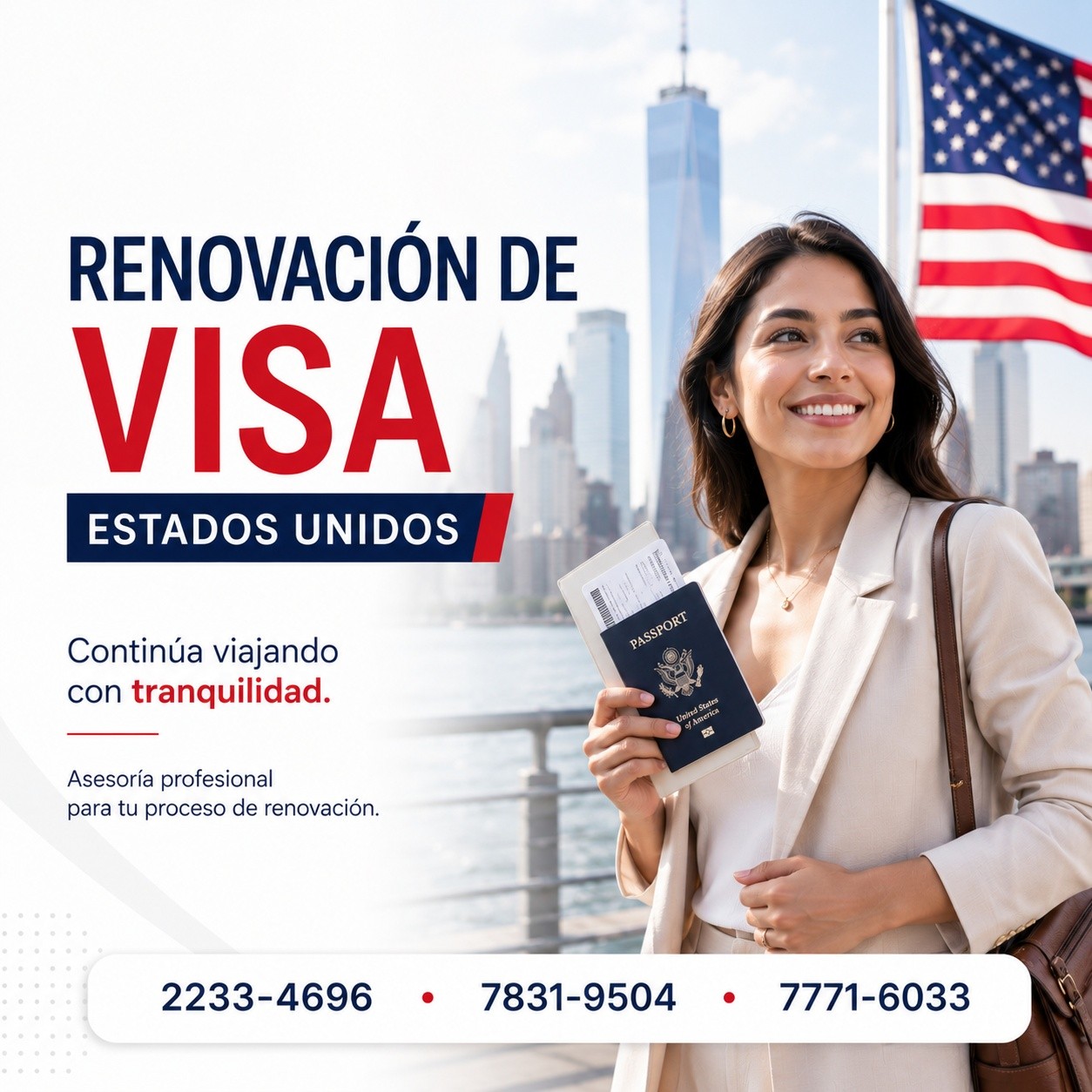 🇺🇸 ¿Tu visa americana está próxima a vencer?
Mantén tus viajes sin interrupciones con una renovación de visa realizada de forma correcta y con acompañamiento profesional.
Te orientamos durante todo el proceso para que continúes viajando con tranquilidad. ✈️
📞 Contáctanos hoy:
2233-4696 | 7831-9504 | 7771-6033
