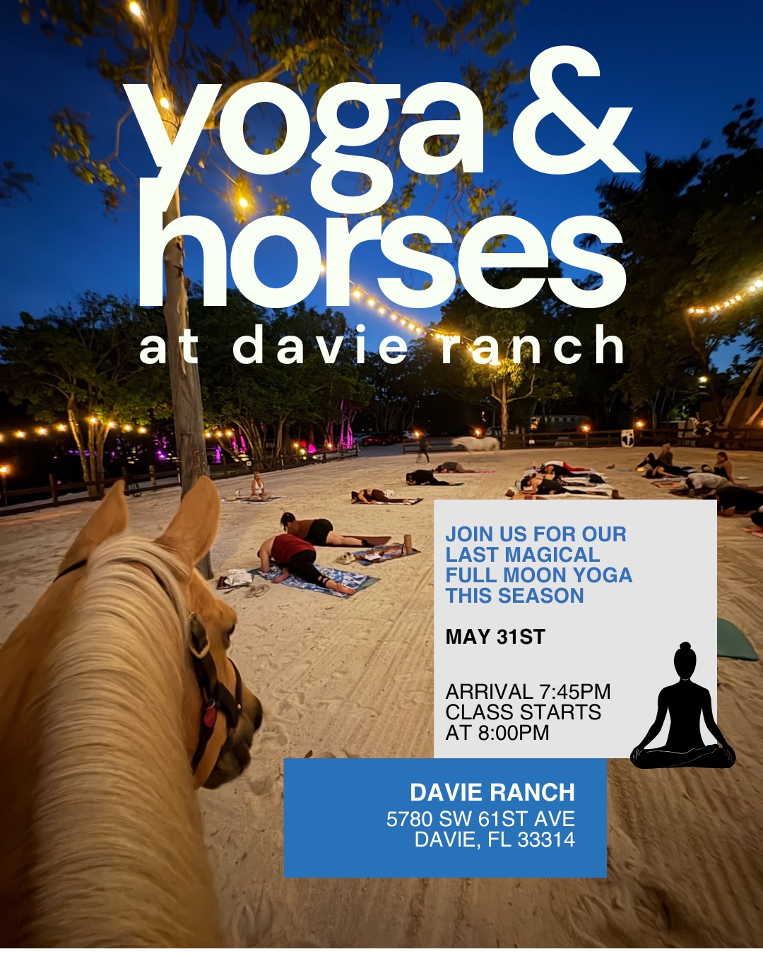 Join us for our last Yoga + Horses of the season:
Sunday, May 31st at 8:00pm
(๐๐ฐ๐ฎ๐ฎ๐ฆ๐ฏ๐ต ๐๐๐๐ผ ๐ข๐ฏ๐ฅ ๐ธ๐ฆ'๐ญ๐ญ ๐๐ ๐บ๐ฐ๐ถ ๐ต๐ฉ๐ฆ ๐ณ๐ฆ๐จ๐ช๐ด๐ต๐ณ๐ข๐ต๐ช๐ฐ๐ฏ ๐ญ๐ช๐ฏ๐ฌ)
Join us for a peaceful flow under the stars, surrounded by the calming presence of our horses. The perfect night to unwind, reconnect and flow under the moonโwhether with your girlfriends or a special date!
โโ
๐ง๐ปโโ๏ธ Bring your towels, yoga mats & water
๐ง๐ปโโ๏ธ Yoga will be practiced in a sand arena
๐ง๐ปโโ๏ธ Campfire and tiki torches will be lit during the experience
๐๏ธ Friday, May 31st
โฐ Please arrive between 7:45pm to set up your space
๐ Class will begin promptly at 8:00pm
๐ Free parking
๐๐ผ Space is limited, register ONLINE
(๐๐ฐ๐ฎ๐ฎ๐ฆ๐ฏ๐ต ๐๐๐๐ผ ๐ข๐ฏ๐ฅ ๐ธ๐ฆ'๐ญ๐ญ ๐๐ ๐บ๐ฐ๐ถ ๐ต๐ฉ๐ฆ ๐ณ๐ฆ๐จ๐ช๐ด๐ต๐ณ๐ข๐ต๐ช๐ฐ๐ฏ ๐ญ๐ช๐ฏ๐ฌ)
See you on the mat!
#yogaunderthestars #yogawithhorses #fullmoonyoga