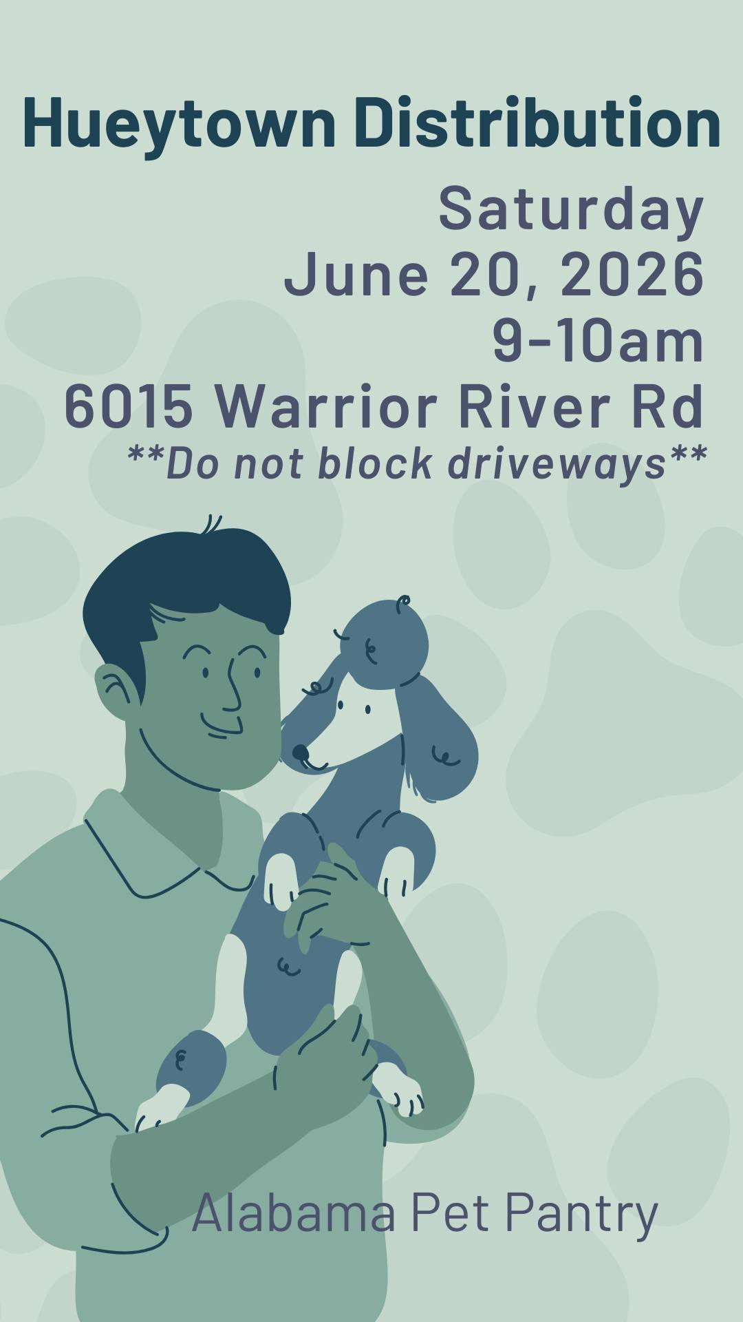 🐾 HUEYTOWN DISTRIBUTION
📍 Hueytown Distribution Day
Alabama Pet Pantry will be in Hueytown on Saturday, June 20, 2026 from 9:00–10:00 AM (or until food runs out).
We will load your supplies for you.
🚗 Please line up responsibly and do not block driveways.
A special thank you to our donors, volunteers, and community partners — we truly couldn’t do this without you. Every bag of food distributed is made possible by generosity.
🐶 Learn more: https://www.alabamapetpantry.com/
💛 Support our work by donating here:
https://www.paypal.com/ncp/payment/5AQBM3M86GZ7C
#AlabamaPetPantry #HueytownAL #CityOfHueytown #JeffersonCountyAL #PetFoodPantry #NoPetHungry #PetFoodDrive #CommunitySupport #HueytownPets #BirminghamDogs #BirminghamCats #MagicCityPets #DogsofAlabama #CatsofAlabama #SupportRescue #IfYouNeedItTakeIt #BecauseLifeHappens #PetCommunity