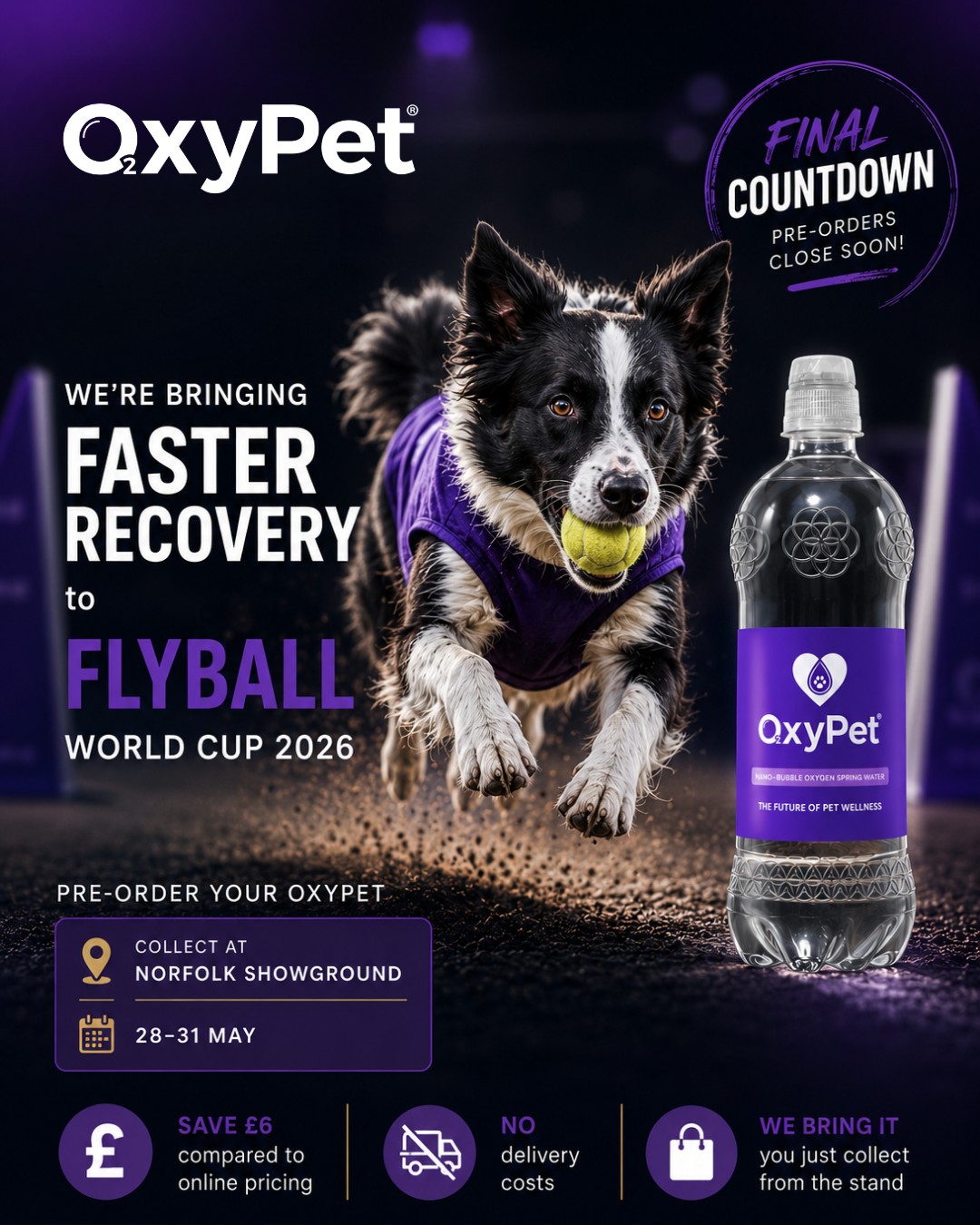 Flyball Open World Cup is soon… and we’re nearly packed 💜🐾
If you’re heading to @fowc2026, don’t forget you can pre-order your OxyPet cases online and collect them directly from the Norfolk Showground from 28–31 May.
We’re excited to be there alongside Angela Day, Canine Rehabilitation & Core Conditioning Specialist and OxyPet onsite ambassador, supporting active and sporting dogs throughout the event.
For dogs competing at high intensity, hydration, oxygen availability and recovery all matter.
Why pre-order your OxyPet cases?
✔️ Save £6 compared to online pricing
✔️ Collect directly from the OxyPet stand
✔️ Perfect for flyball, agility and active dogs
Reserve yours here 👉 https://events.oxypet.co.uk/flyball
Who’s going to FOWC this year? 💜
#OxyPet #Flyball #FOWC2026 #FlyballWorldCup #DogSports #SportingDogs #DogRecovery #CaninePerformance #DogHydration