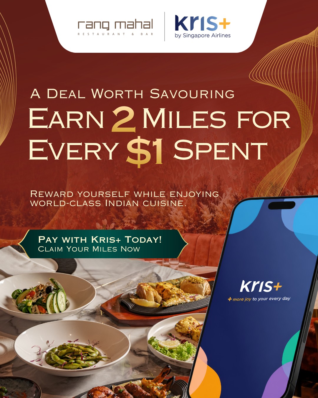 ๐ Exciting news! Rang Mahal is now on Kris+!
Pay with the Kris+ app and earn ๐ฎ ๐บ๐ถ๐น๐ฒ๐ ๐ณ๐ผ๐ฟ ๐ฒ๐๐ฒ๐ฟ๐ $๐ญ ๐๐ฝ๐ฒ๐ป๐*. More reasons now to indulge while enjoying world-class Indian cuisine!
Make a reservation and use Kris+ today to turn your meal into miles!
๐ Naumi Hotel Singapore | 41 Seah Street
*Earn a bonus mile from now until 30th September 2026.
#RangMahalSG #KrisPlus #IndianCuisineSG #SingaporeFood #LuxuryDiningSG #KrisPay #DiningRewards #SGRestaurants