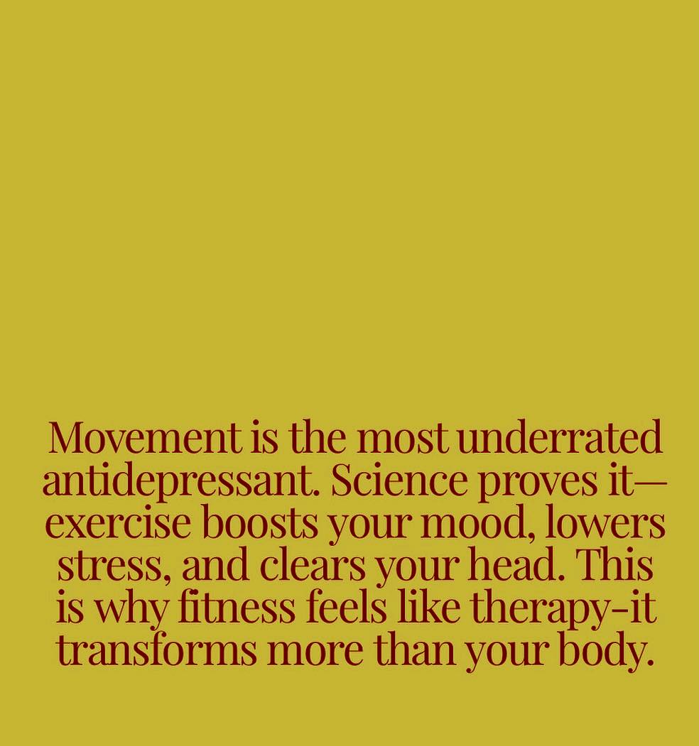 Movement is medicine.
Research continues to show that exercise can be one of the most powerful antidepressants available. Multiple large studies have found that regular movement can be as effective — and in some cases even more effective — than medication or talk therapy for mild to moderate depression.
Walking.
Strength training.
Yoga.
Jogging.
Dancing.
Your brain doesn’t care if it’s perfect — it just benefits from movement.
Exercise helps increase dopamine, serotonin, endorphins, confidence, sleep quality, stress regulation, and emotional resilience. Sometimes the goal isn’t getting “fit”… it’s helping your nervous system feel safe, energized, and alive again.
And no, you don’t need a 2-hour workout.
A 10-minute walk still counts.
Stretching still counts.
Getting outside still counts.
Medication can absolutely be life-saving and necessary for many people. Therapy matters too. But movement is one of the most underutilized mental health tools we have.
Your body was designed to move — and your mind benefits when it does.
