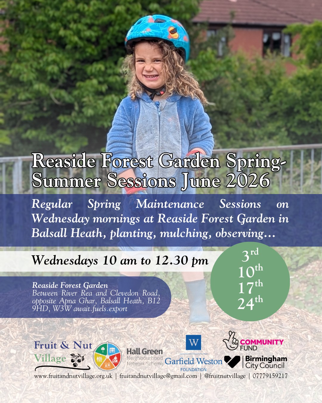 Reaside Forest Garden Spring-Summer Sessions June 2026
Wednesdays 10 am to 12.30 pm - 3rd, 10th, 17th, 24th June
Regular Spring Maintenance Sessions on Wednesday mornings at Reaside Forest Garden in Balsall Heath, planting, mulching, observing...
Reaside Forest Garden - Between River Rea and Clevedon Road, opposite Apna Ghar, Balsall Heath, B12 9HD, W3W await.fuels.export
#BalsallHeath #ReasideForestGarden #Spring #Summer #Birmingham