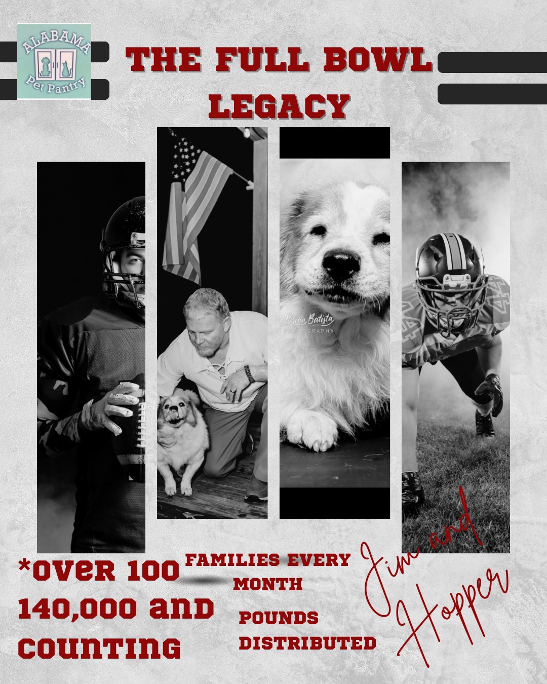 🏈 GAME DAY FOR A GOOD CAUSE: The Jim Montgomery Full Bowl Legacy Fundraiser 🐾
Now Thru June 30, 2026
The Full Bowl Legacy Fundraiser officially kicks off June 6 as we come together to tackle pet hunger across Jefferson and Shelby Counties. This special campaign honors the memory of Jim Montgomery and his beloved dog, Hopper, who both left a lasting impact on everyone who knew them. After experiencing hunger firsthand growing up, Jim became a passionate advocate for keeping pets fed and families together. Today, his legacy continues through the work of the Alabama Pet Pantry.
Every donation helps provide dog and cat food to families struggling to care for the pets they love. Together, we’re fighting pet hunger, preventing animal abandonment, and making sure pets stay right where they belong — at home with their families.
🏈🐾 The Full Bowl Legacy Donation Levels 🐾🏈
In Memoriam of Jim and Hopper ❤️
🥉 Field Goal Friend — $25
Helps provide dog and cat food for local pets in need.
🥈 Touchdown Teammate — $100
Supports a larger supply of pet food for community distribution events.
🏆 Distribution Sponsor — $2,000
Sponsors an entire Alabama Pet Pantry distribution event, helping provide dog and cat food to families and pets across the community.
❤️ No gift is too small — every donation makes a difference for pets and families in need.
Let’s pack the stadium, fill the bowls, and honor Jim and Hopper with a legacy of compassion, community, and care. 🏟️🐶🐱
🏆 Get Involved:
• Donate beginning June 6 through the official Full Bowl Legacy Donation Link 🏈 https://www.paypal.com/ncp/payment/NZFZBETQ3V5WU