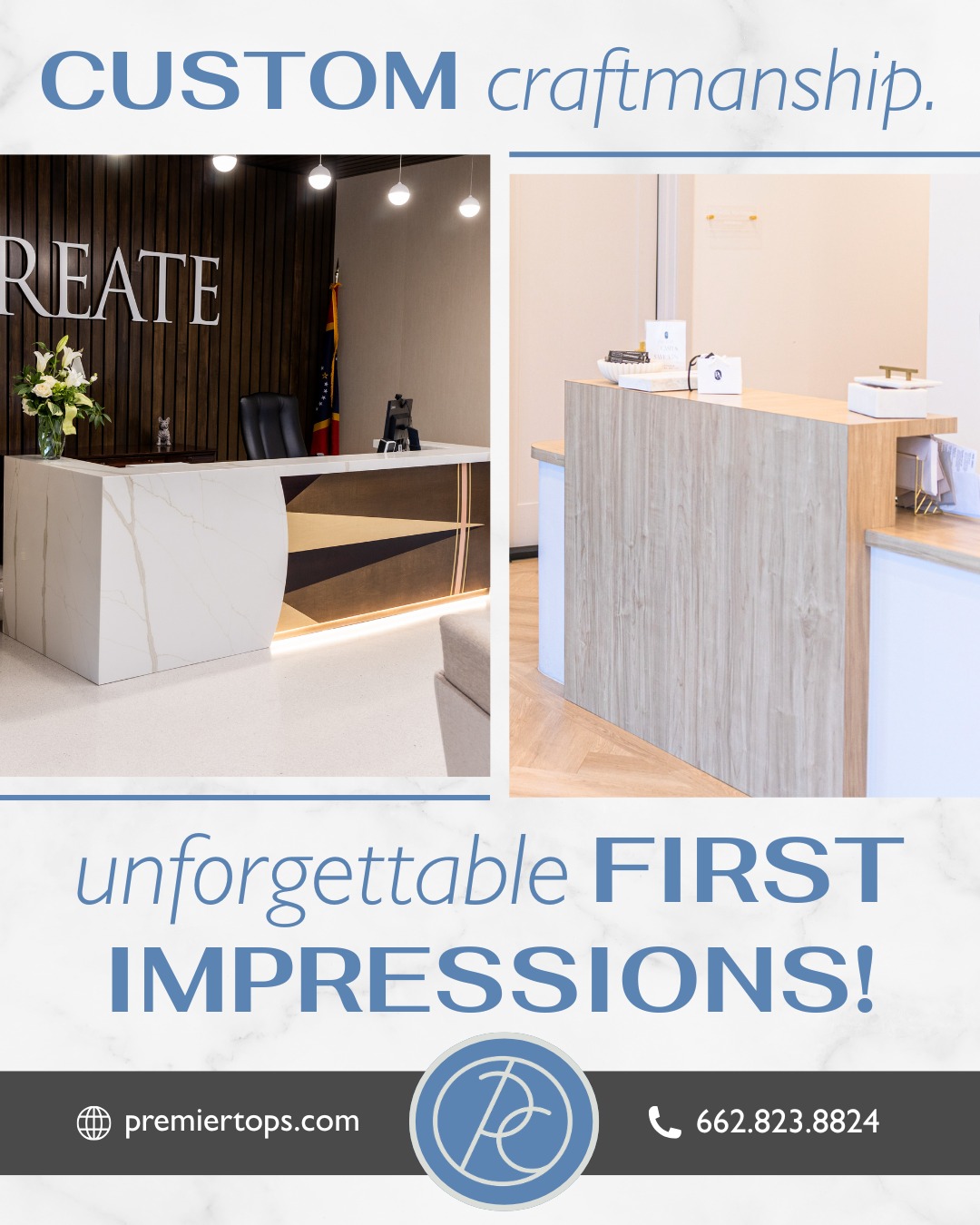 With custom countertop cuts tailored to your space, we help businesses create entry areas that feel polished, professional, and uniquely on-brand. It’s more than just a surface—it’s the first thing your clients see.
Ready to make the right first impression? Let’s design a front desk that stands out together.
📞 662.823.8824
📍2341 Graham Dr, Tupelo, MS
-
#PremierCountertops #PremierCountertopsMS #HomeRenovation #NorthMississippi #LuxuryCountertops #ResidentialCountertops #CommercialDesign #FrontDeskDesign #FirstImpressions #CustomCountertops #BusinessSpaces