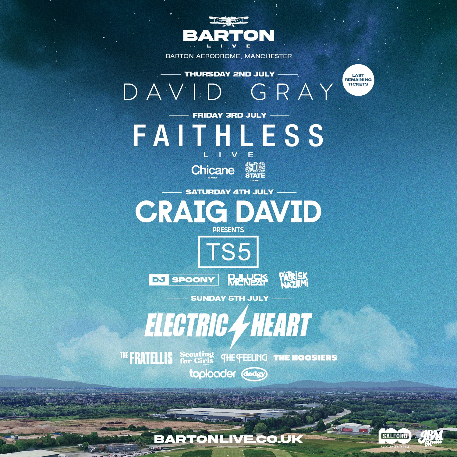 Just over ONE MONTH to go until Barton LIVE takes over Barton Aerodrome for four huge open-air shows ๐ฅ
๐ค David Gray
Thursday 2nd July
Only 200 tickets remain
โก Faithless LIVE
Friday 3rd July
Final tickets almost sold out
๐ถ Craig David Presents TS5
Saturday 4th July
Final release tickets running low
๐ Electric Heart Festival
Sunday 5th July
Over 95% sold out
Donโt miss your chance to be part of it, secure your tickets now - bartonlive.co.uk