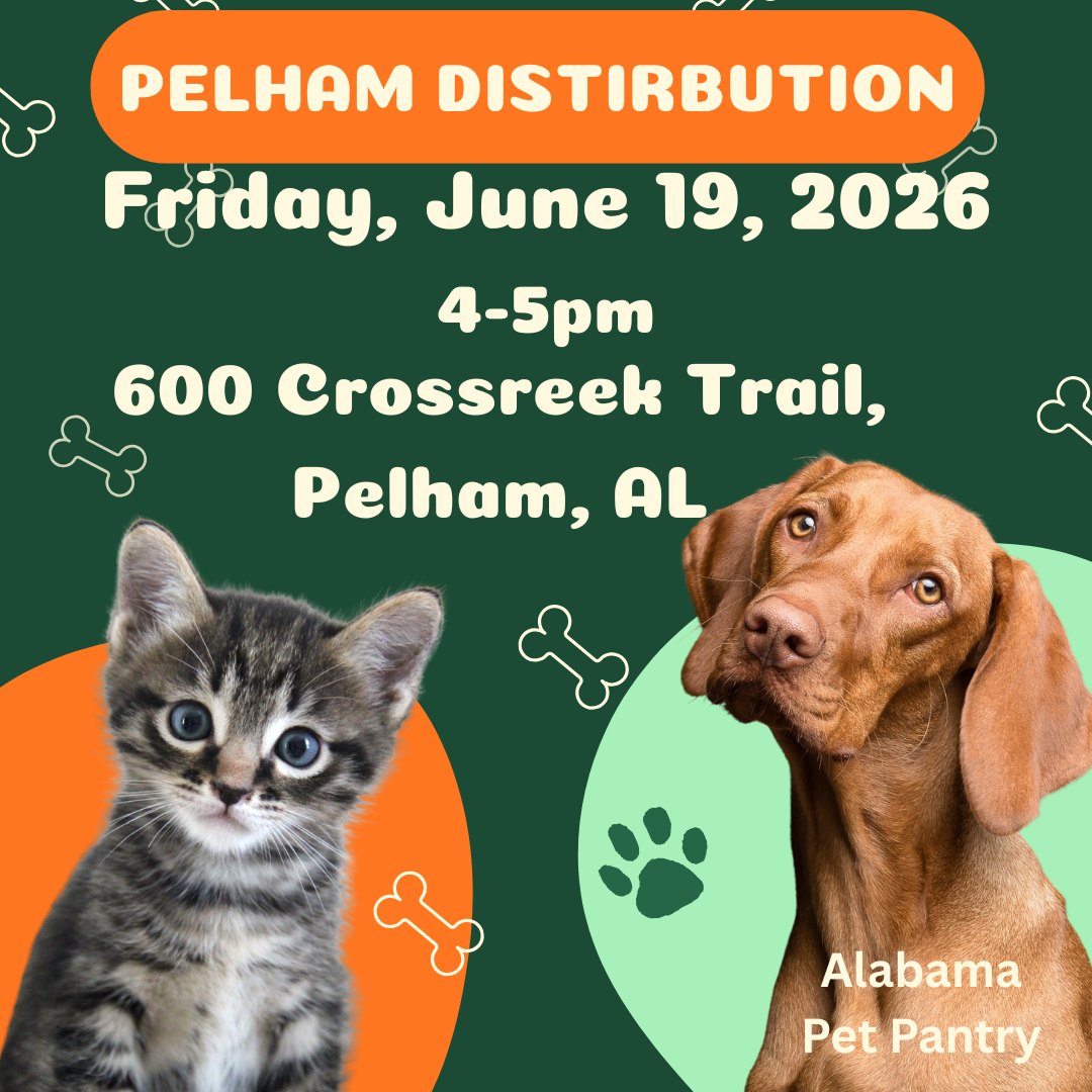 🐾 PELHAM DISTRIBUTION
📍 Pelham Distribution Day
Alabama Pet Pantry will be at Crosscreek Baptist Church on Friday, June 19, 2026 from 4:00–5:00 PM.
🚗 When you arrive:
• Line up in your vehicles at the end of the building near the dumpsters
• Please curve the line through the parking lot
• Stay off the main road
• Do not block traffic
As always:
💛 If you need it, take it.
💛 If you have it, give it.
We are incredibly grateful to our donors and local supporters who make this possible. Because of you, pets stay fed and families stay together.
🐶 Learn more: https://www.alabamapetpantry.com/
🐾 Donate here: https://www.paypal.com/ncp/payment/5AQBM3M86GZ7C
#AlabamaPetPantry #PelhamAL #CityOfPelham #ShelbyCountyAL #PetFoodPantry #NoPetHungry #PetFoodDrive #CommunitySupport #PelhamPets #BirminghamDogs #BirminghamCats #MagicCityDogs #MagicCityKitties #DogsofAlabama #CatsofAlabama #SupportLocalPets #PelhamSmallBusiness #CrosscreekBaptistChurch #IfYouNeedItTakeIt #BecauseLifeHappens