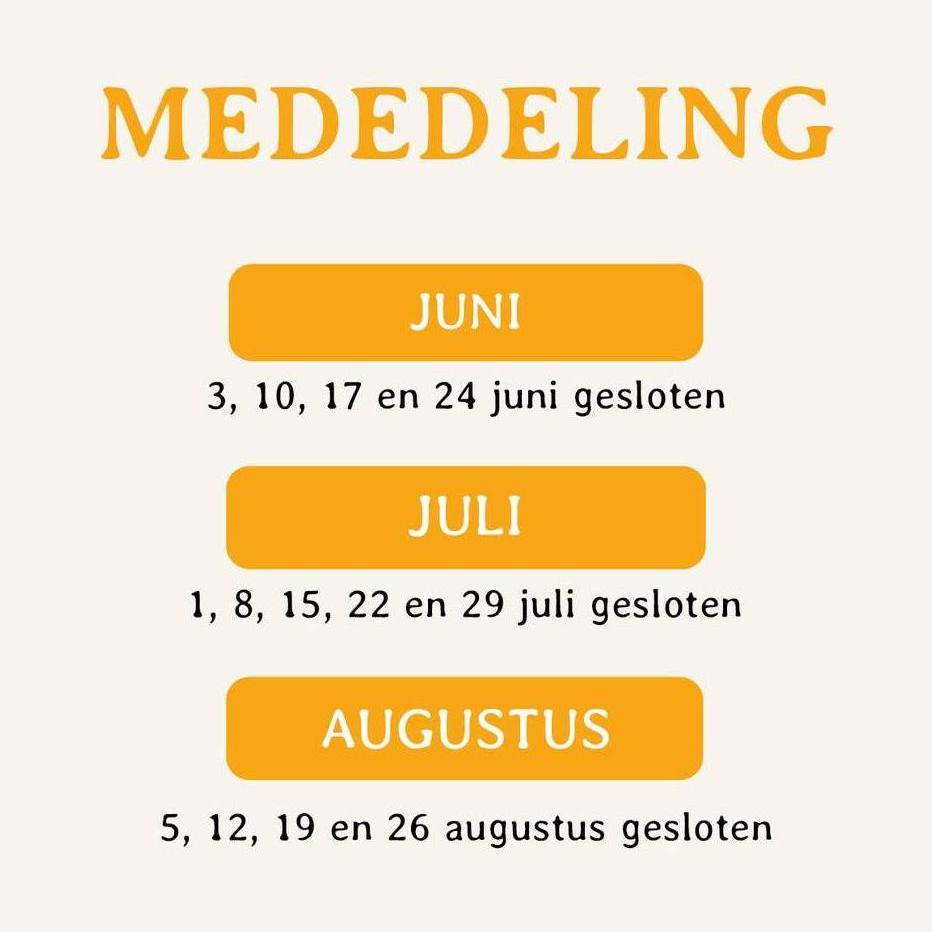 De aankomende periode zijn wij op woensdag extra gesloten.
Donderdag t/m zondag staan we uiteraard voor jullie klaar!🧡