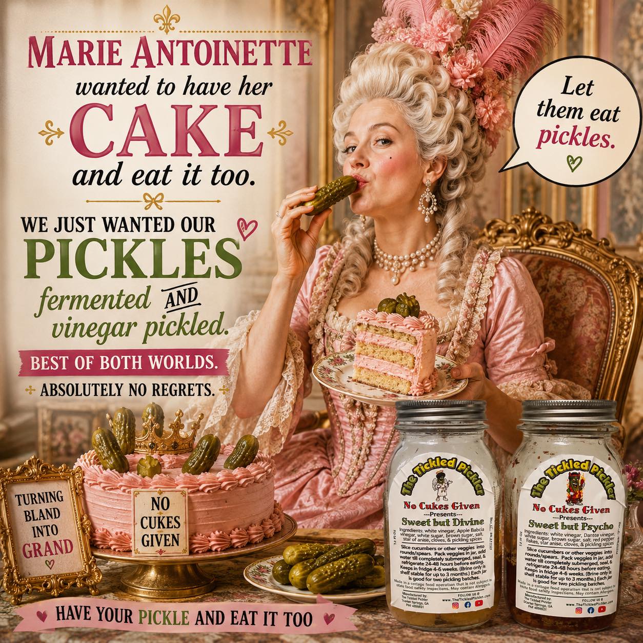 🥒 Marie Antoinette wanted to have her cake and eat it too.
We want our pickles lacto-fermented AND vinegar pickled. 😌
Turns out… you actually CAN have both.
First, we partially lacto-ferment the veggies for that deep savory tang and crunch…
THEN we finish them in our No Cukes Given DIY Pickle Brines for that bold bright pickle punch. 💥
So now the pickles have:
🫧 fermented complexity
💥 vinegar attitude
🥒 refrigerator pickle crunch
😮💨 completely unnecessary levels of flavor
Honestly, this is what happens when your cucumbers refuse to settle.
Featuring:
✨ Sweet but Divine
🔥 Sweet but Psycho
Have your pickle and eat it too.
Read the full guide here:
https://www.thetickledpickler.com/post/how-to-combine-lacto-fermentation-and-diy-pickle-brines-for-the-best-of-both-worlds-a-tickled-pickl
#TheTickledPickler #NoCukesGiven #diypicklebrine #Fermentation #PickleLife #LiveVinegar #FermentedFoods #TurningBlandIntoGrand