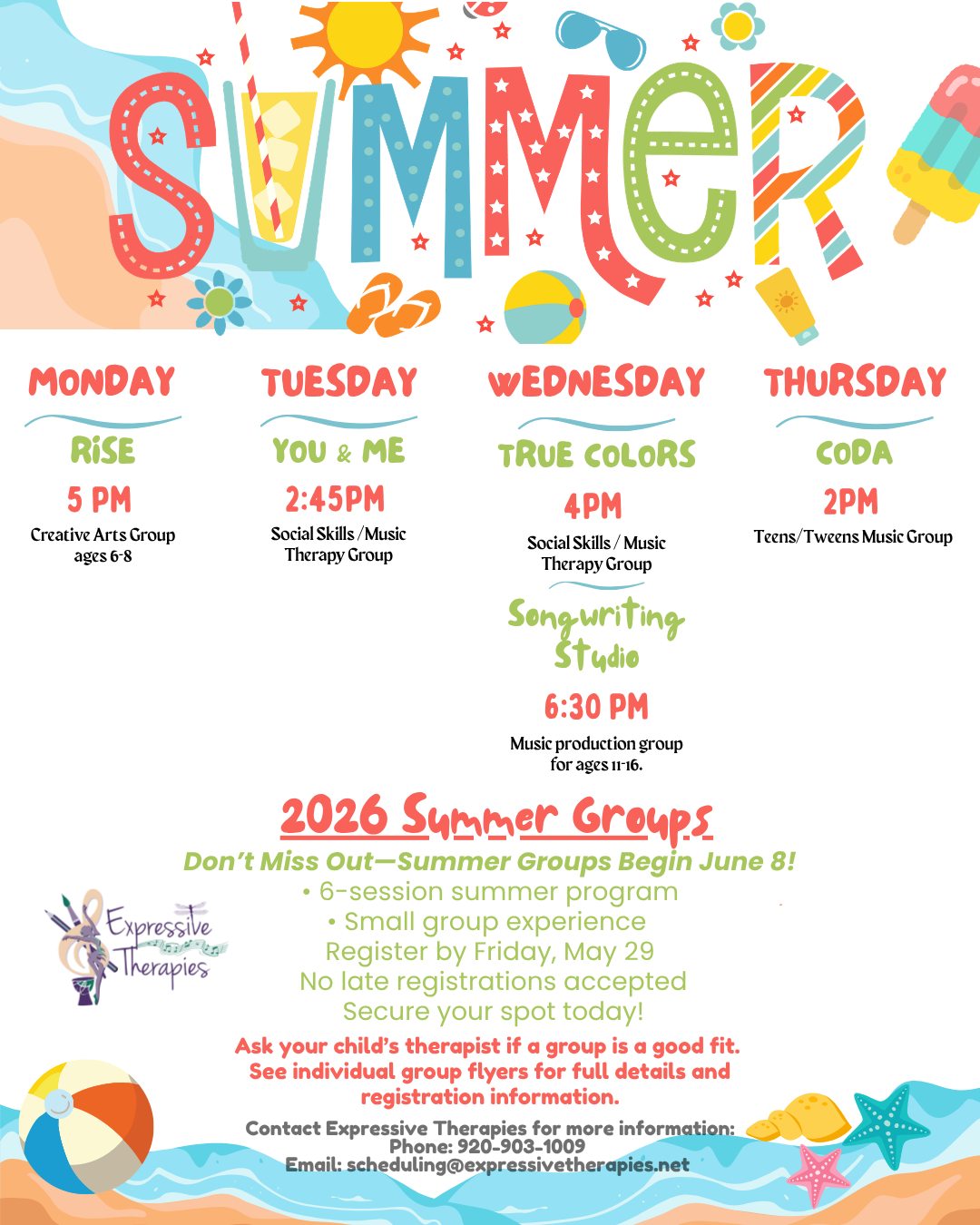 The deadline to register for Summer 2026 groups is this Friday, May 29th! 🌞
Current clients/parents should check their email for a recommendation from their individual therapist or the therapist running the group. This email will have the flyer the group along with a registration link to sign up.
#expressivetherapiesllc #summergroups #creativeartstherapies