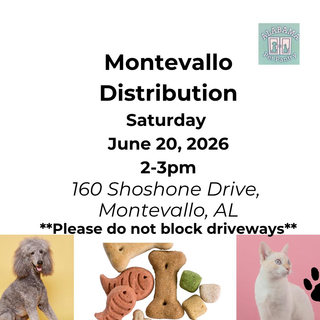 🐾 MONTEVALLO DISTRIBUTION
📍 Montevallo Distribution Day
Join Alabama Pet Pantry on Saturday, June 20, 2026 from 2:00–3:00 PM (or until food runs out).
Location:
160 Shoshone Drive
Montevallo, AL 35115
Once inside the Shelby Emergency parking lot, please pull forward toward the church.
🚗 Do not block driveways.
We are here to support families and keep pets fed during difficult times. Your support allows us to serve more households each month.
🐾 More information: https://www.alabamapetpantry.com/
💛 Help us continue this mission — donate today:
https://www.paypal.com/ncp/payment/5AQBM3M86GZ7C
#AlabamaPetPantry #MontevalloAL #CityOfMontevallo #ShelbyCountyAL #PetFoodPantry #NoPetLeftBehind #PetFoodDrive #CommunityStrong #MontevalloPets #DogsofAlabama #CatsofAlabama #MagicCityFelines #MagicCityDogs #BirminghamRescue #SupportLocalPets #IfYouNeedItTakeIt #BecauseLifeHappens #PetLoversOfAlabama