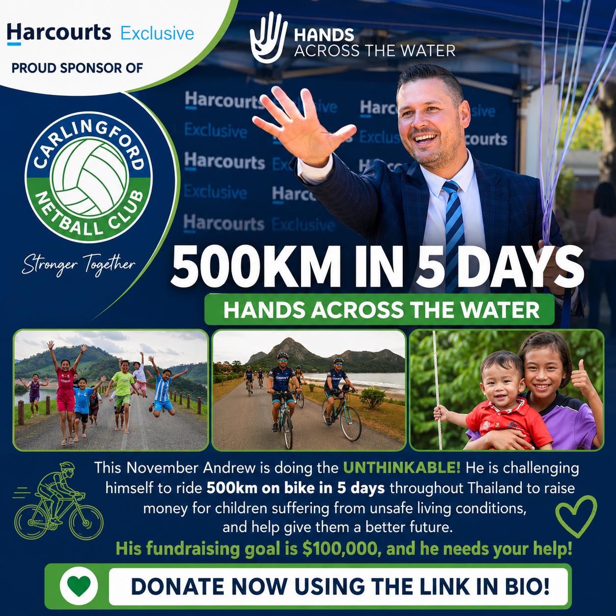 ๐๐ Proudly sponsored by harcourts_exclusive๐๐
A huge thank you to Harcourts Exclusive for supporting Carlingford Netball Club in 2026.
Weโre proud to support Andrew as he takes on this incredible challenge for Hands Across The Water.
Good luck Andrew โ the Carlo community is cheering you on! ๐ดโโ๏ธ๐
#CarloNetball #StrongerTogether #netball #carlingfordnetballclub #harcourtsexclusive #carlingford #hillssport #netballaustralia