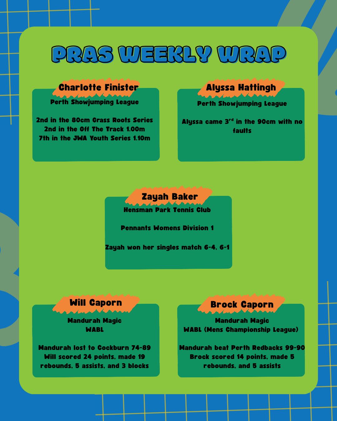 📣PRAS Weekly Wrap📣
Featuring:
Charlotte Finister - Equestrian 🐎
Alyssa Hattingh - Equestrian 🐎
Zayah Baker - Tennis 🎾
Will Caporn - Basketball 🏀
Brock Caporn - Basketball 🏀
@cfshowjumping
@alyssahattingh_equestrian
@zayahhbaker
