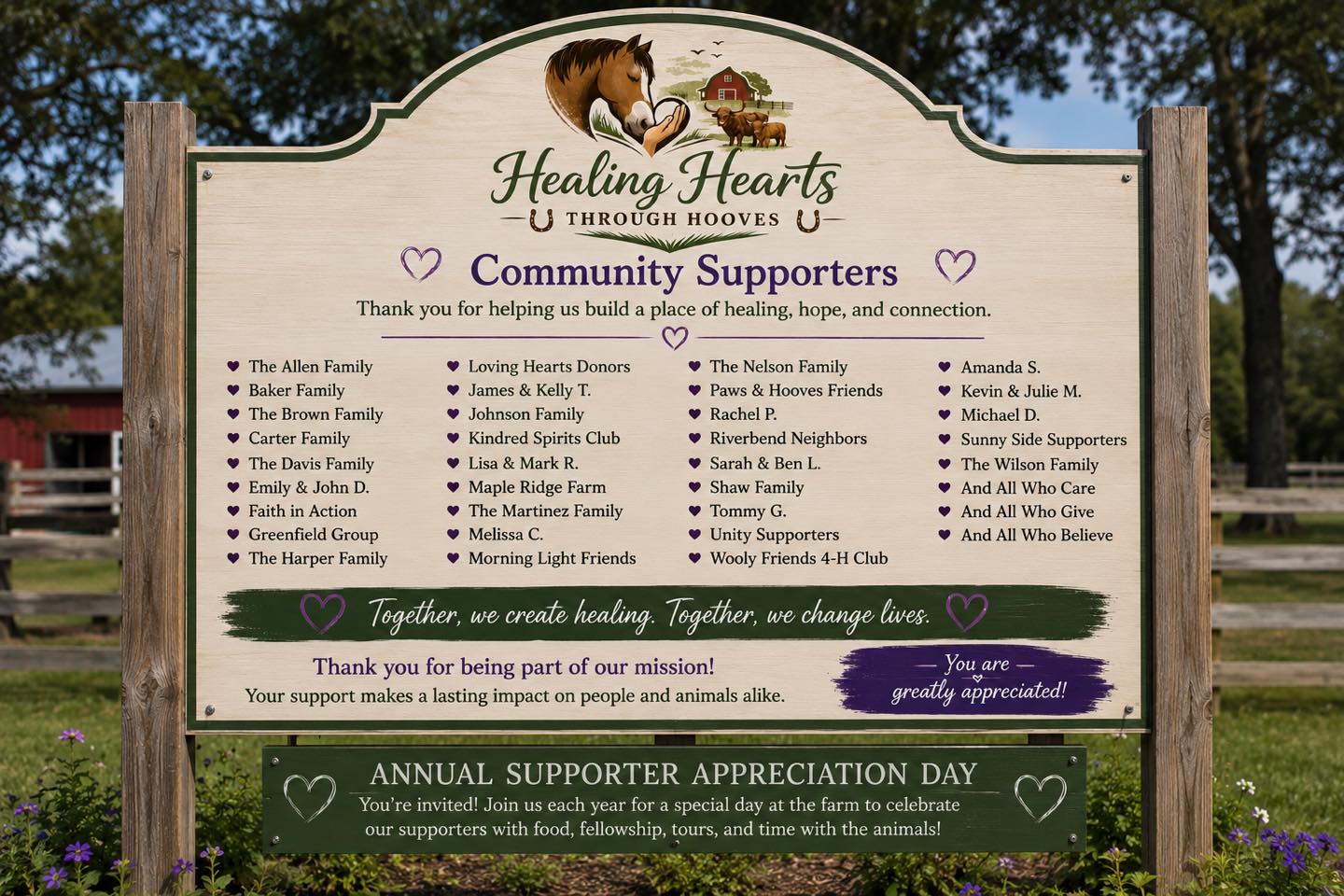 Community Supporter — $500
Help support healing, hope, and connection through animal-assisted retreats and programs
Includes:
* Name added to the Healing Hearts Through Hooves Supporter Sign displayed on the farm
* Social media thank-you post
* Website recognition
* Inclusion in community supporter acknowledgements
* Invitation to our Annual Supporter Appreciation Day at the farm
#healing #hearts #animals