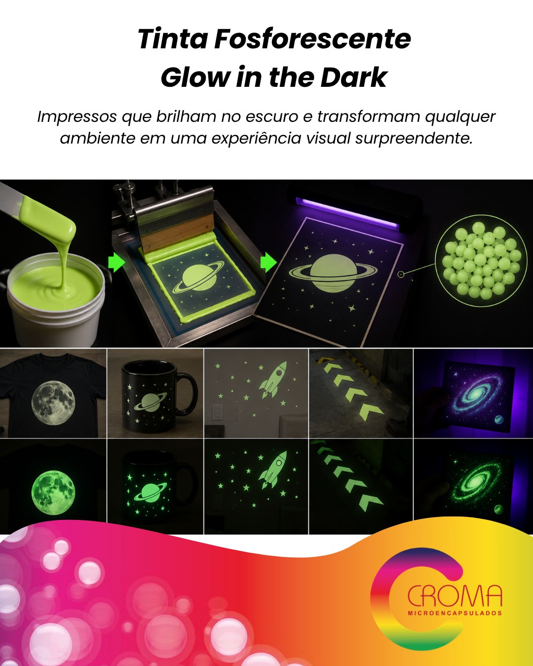 Impressos que brilham no escuro e transformam qualquer ambiente em uma experiência visual surpreendente.
A tinta fosforescente — também conhecida como glow in the dark, fosfocrômica ou luminescente — possui microcápsulas especiais que absorvem luz branca ou luz solar e liberam esse brilho no escuro. 🌙✨
Após a exposição à luz, o efeito aparece em ambientes escuros ou sob luz negra, criando um visual impactante, tecnológico e interativo. 👀
Ideal para:
• Materiais promocionais
• Embalagens especiais
• Segurança e sinalização
• Decoração e ambientação
• Brindes e experiências sensoriais
💡 Tecnologia que continua surpreendendo mesmo depois que as luzes se apagam.
