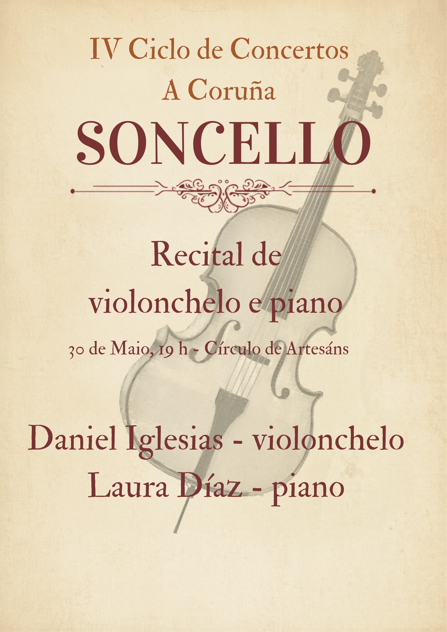 🎶Arrinca o IV Ciclo de Concertos Soncello 🎶
O vindeiro sábado 30 de maio de 2026 ás 19.00 horas celebraremos o primeiro concerto desta nova edición no Círculo de Artesáns da Coruña.
O violonchelista Daniel Iglesias, acompañado pola pianista Laura Díaz, ofrecerá un recital con obras de Haydn, Ligeti e Ginastera, nun programa que percorrerá distintas paisaxes sonoras e épocas da música.
Unha oportunidade única para desfrutar da música de cámara nunha contorna incomparable.
📍 Círculo de Artesáns da Coruña
🗓 Sábado 30 de maio de 2026
🕖 19.00 h
Esperámosvos!
Cultura da Deputación da Coruña @danieliglesias_cello @lauradiazperezjaja