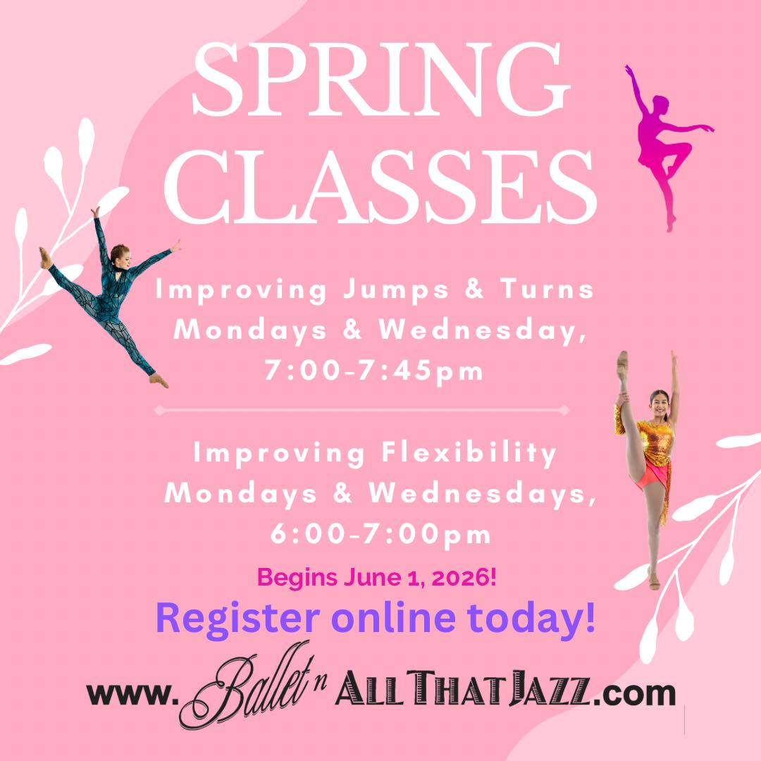 Flexibility course (age 11 & up) and Jumps & Turns classes are now open for registration! Jumps & Turns is intended for age 10+ in competition classes or prospective competition students (please contact Heather K to find out if this class is appropriate for your prospective competition dancer). If there are enough Pre-Inter/Inter dancers enrolled we may split the class in two groups and hold the more experienced group at 5:15pm. Thanks! #balletnallthatjazz