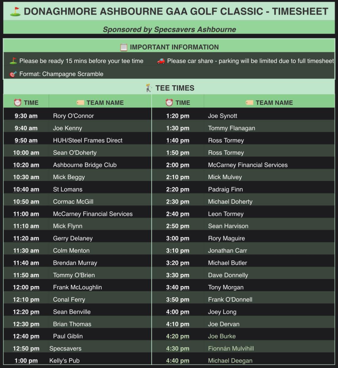Tee Times for this years CLG Domhnach Mór Cill Dhéagláin Golf Classic ⛳️