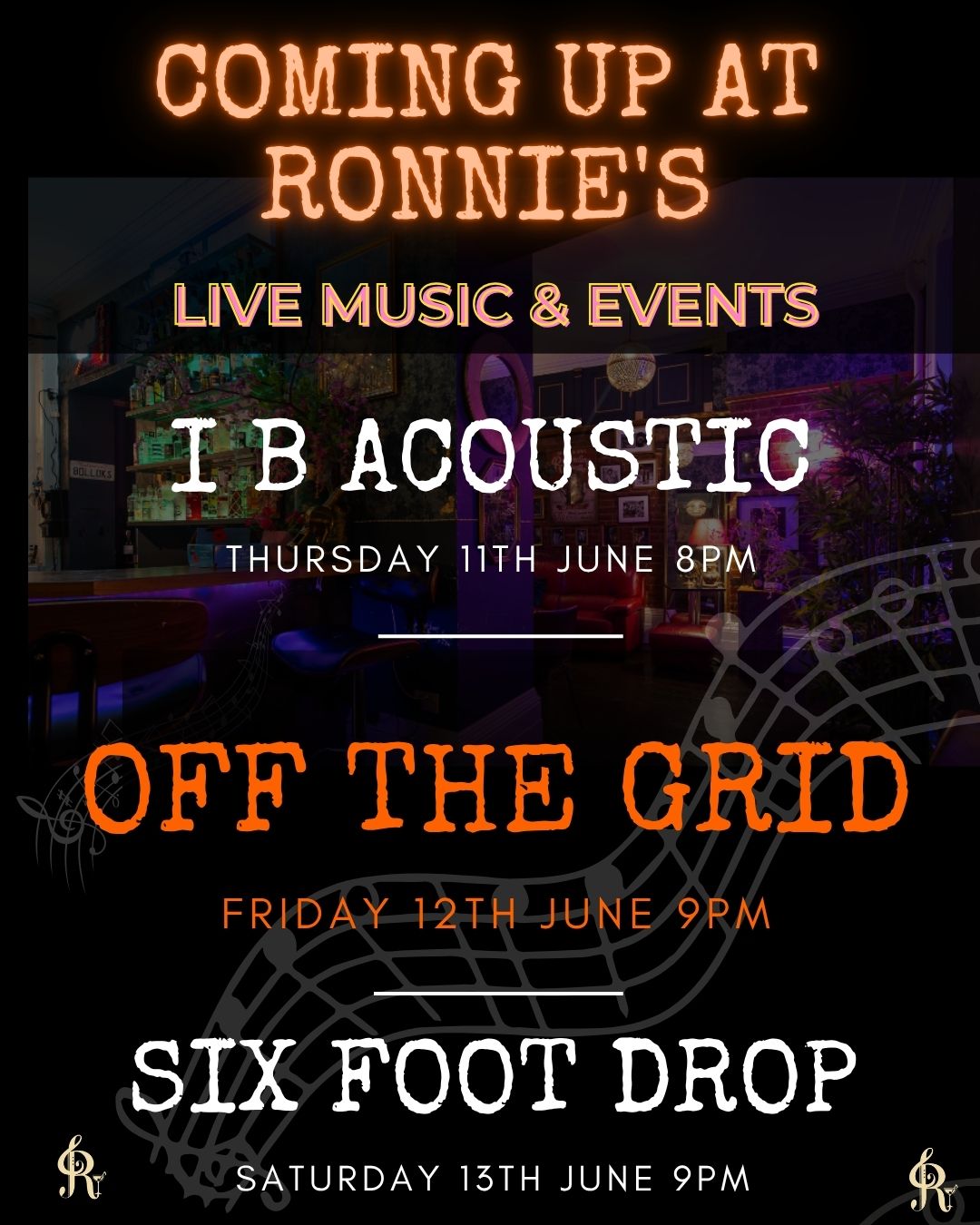 Looking for a great night out? Ronnie’s has you covered 🎶
We’ve got three brilliant live bands lined up and ready to entertain next week — from feel-good favourites to dancefloor fillers.
Get the dates in the diary, round up your friends and we’ll see you at the bar! 🍻🎸✨