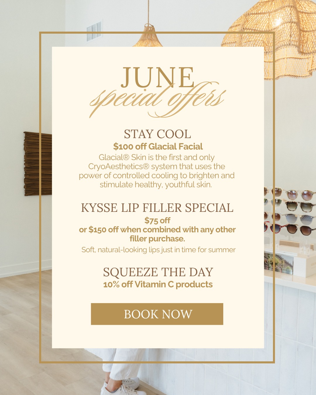 Your Summer glow starts here ✨💆♀️ Our June Specials are all about cooling, brightening, and enhancing your natural glow for the season ahead.
🩵 Glacial Facial
Reveal brighter, smoother-looking skin with $100 off our Glacial Facial! Designed to help reduce redness, refine pores, even skin tone, and boost hydration.
🧡 Vitamin C Favorites
Give your skin that bright, healthy summer radiance with 10% off all Vitamin C products!
💛 Kysse Lip Special
Soft, natural-looking lips just in time for summer
✨ $75 off Kysse lip filler
✨ Save $150 when paired with any additional filler service
Fresh skin, glossy lips, and your summer glow-up? Consider it handled.