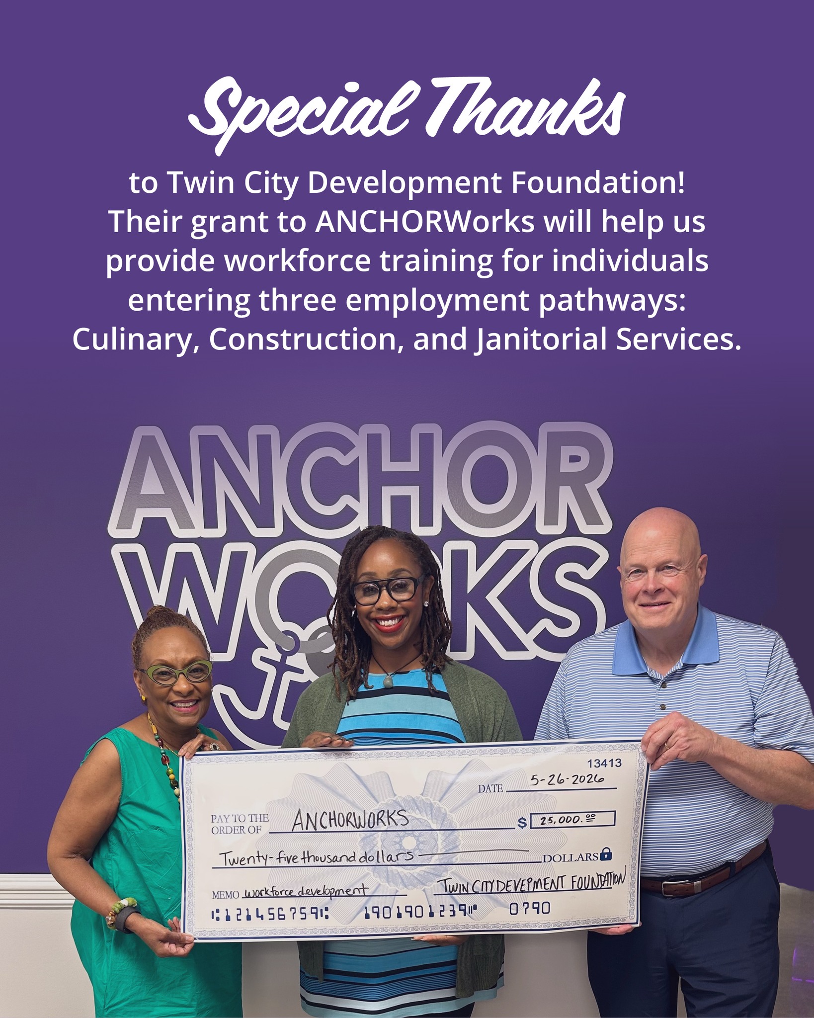 ANCHOR is deeply grateful to Twin City Development Foundation for their investment in our community's workforce. With this support, ANCHORWorks will continue creating meaningful workforce pathways in culinary, construction, and janitorial services for individuals working to rebuild and strengthen their lives through employment opportunities.
Learn more at https://www.anchornc.org/anchorworks