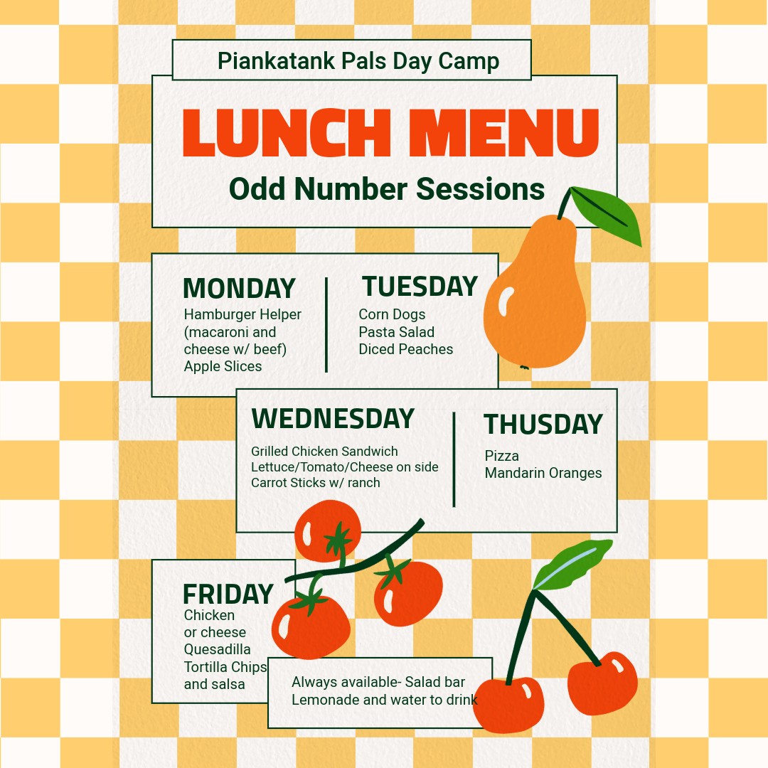 We're one of the only day camps in the area to include lunch every day. That's right, no need to think about packing a lunch box every day!
Everyone always asks, "What's for lunch today?" We've got some yummy, kid-friendly lunch plans to share with you.
Sessions 3, 4, 5, and 6 still have openings for your 6–10-year-old to join us. Just don't wait too long, we've had 2 weeks fill up.