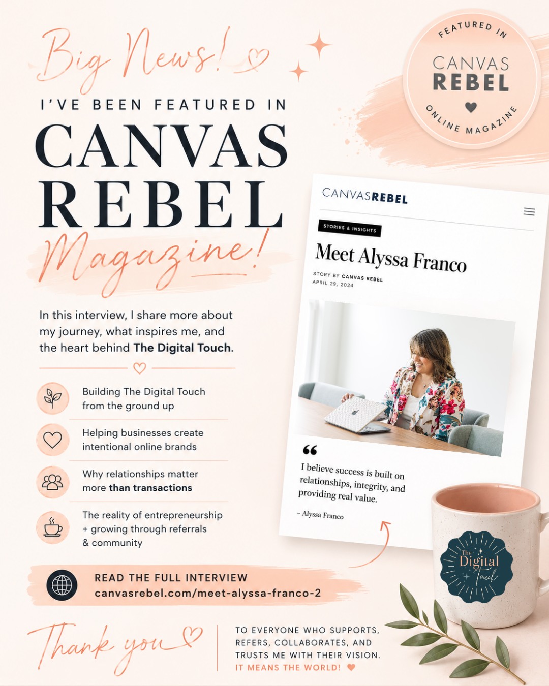 ✨ A little pinch-me moment...
So excited to share that I've been featured in Canvas Rebel! 🤍
In this interview, I share the story behind The Digital Touch, the lessons learned while building a business from the ground up, and why relationships will always matter more than transactions.
As a small business owner, opportunities like this are a reminder that consistency, community, and showing up every day really do add up.
Thank you to every client, supporter, referral partner, friend, and family member who's been part of this journey. This feature belongs to all of us. ✨
Have a read and let me know your favorite part! 🤍
