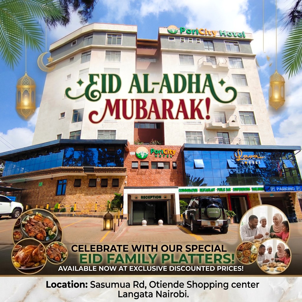 ๐โจ Eid Al-Adha Mubarak from PoriCity Hotel!
Celebrate the spirit of togetherness with our exclusive Eid Family Platters โ crafted for joyful moments and shared smiles. ๐ฝ๏ธ๐
๐ Visit us at Sasumua Rd, Otiende Shopping Center, Langata - Nairobi, and enjoy festive flavors at special discounted prices!
#EidAlAdha #PoriCityHotel #FamilyFeast #NairobiEats #EidCelebration #TasteOfTogetherness