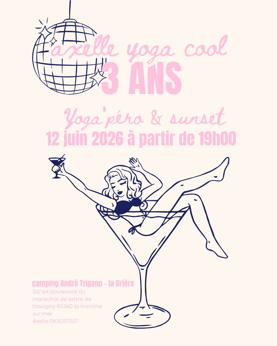 3 ANS ça se fête !
Pour célébrer la fin d'année et vous remerciez de m'avoir suivi sur les tapis, j'ai le plaisir de vous inviter à un YOGA'péro le 12 juin à partir de 19h!
Au programme :
19h15 séance de yoga sur le thème années 70 venez donc en paillette et pate d'ef !
Début de l'apéro 20h15 / 20h30 - mode auberge espagnole, alors ramenez un petit quelques chose à grignoter (cake ou autre), je m'occupe des boissons !
Inscription obligatoire via le google form https://forms.gle/zKqrmcsmKdNZCScc7
A très vite sur les tapis <3