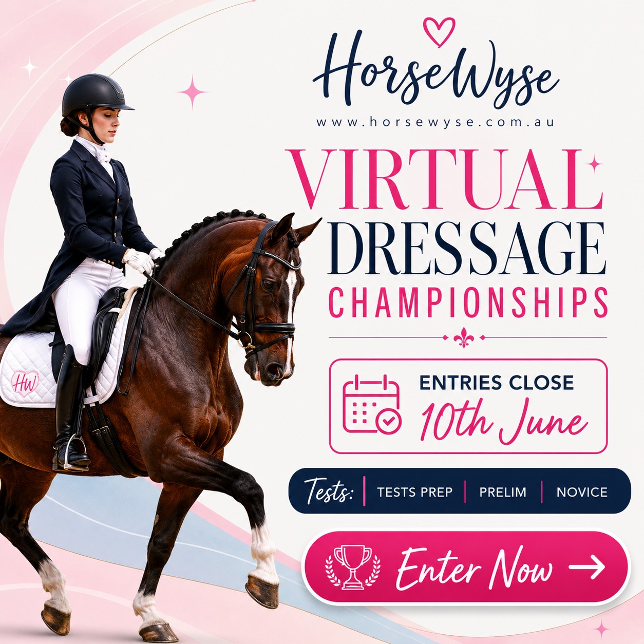 Has your competition been cancelled due to the rain? 🌧️🐴
Don’t let the wet weather stop you from getting out and having a ride this weekend! Enter the HorseWyse Virtual Dressage Championships and compete from home, your local arena, or anywhere you can safely ride a test.
✨ Tests include: Prep, Prelim & Novice levels
🏵️ Great prize packs up for grabs
🥇 Rosettes for first place
💻 Fun, flexible and online — perfect for riders anywhere!
Entries close 10th June, so don’t miss your chance to be part of it.
Enter now via nominate and ride your test your way! 💕🐴 https://www.nominate.com.au/equestdn/Event.aspx?e=AB037697D8AA4E0FB0FEBC813D0BEEE6&eventlist=2
#HorseWyse #VirtualDressage #DressageChampionships #HorseWyseMagazine #YoungRiders #DressageRider #EquestrianLife #HorseCompetition #OnlineCompetition #PonyClub #HorseMad #EnterNow