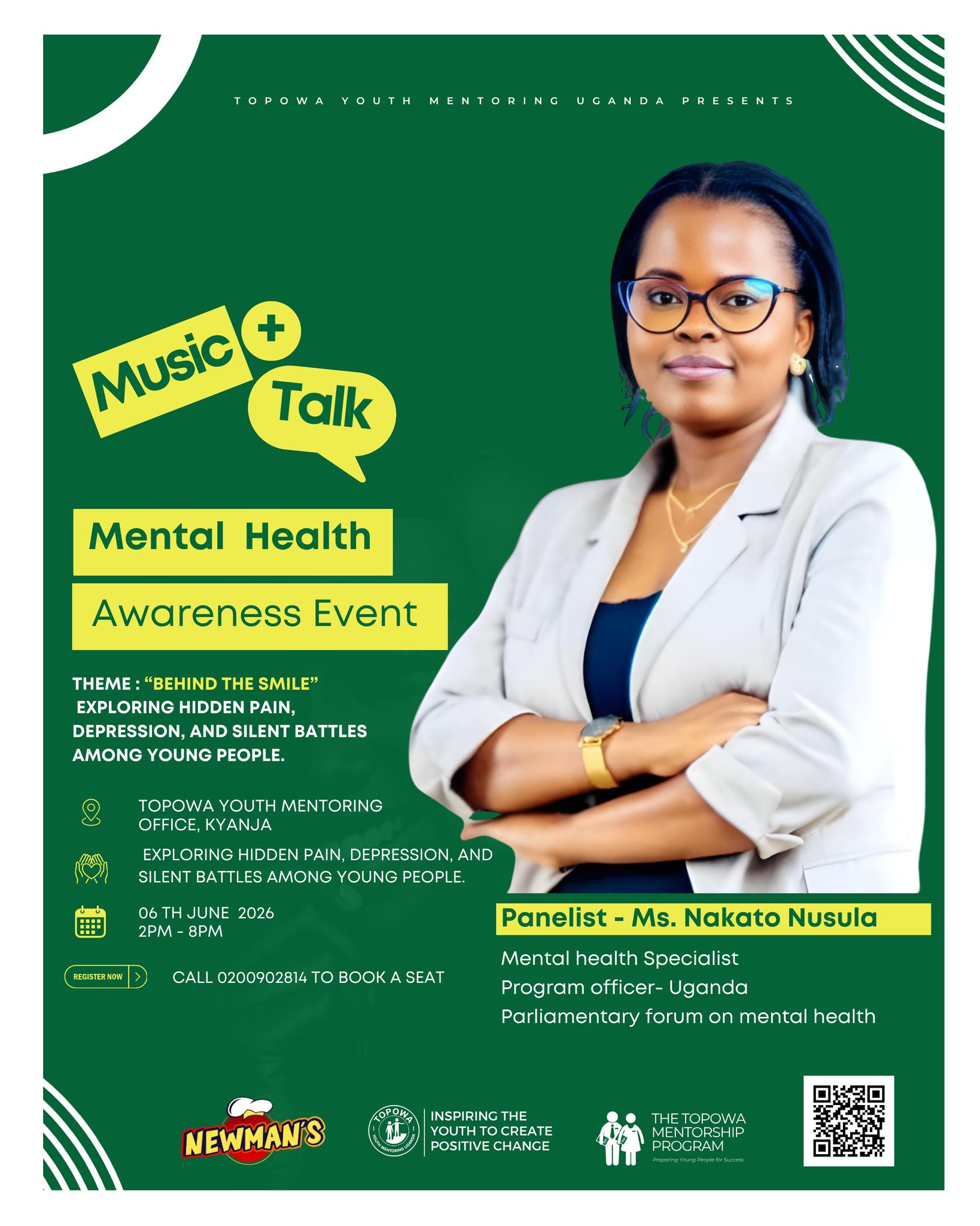 We are honored to introduce Ms. Nakato Nusula, A Mental health Specialist, Program officer- Uganda
Parliamentary forum on mental health as one of the panelists for our upcoming Music + Talk event under the powerful theme: “Behind The Smile”
Exploring hidden pain, depression, and silent battles among young people.
Ms. Nakato Nusula joins us to share insight, experience, and meaningful conversations that will inspire healing, hope, and honest dialogue among young people navigating life’s silent struggles.
This is more than an event it’s a safe space to speak, listen, heal, and connect.
Come be part of a life-changing experience filled with music, conversation, and awareness.
#TopowaYouthUg
#MusicPlusTalk
#MentalHealthAwareness
