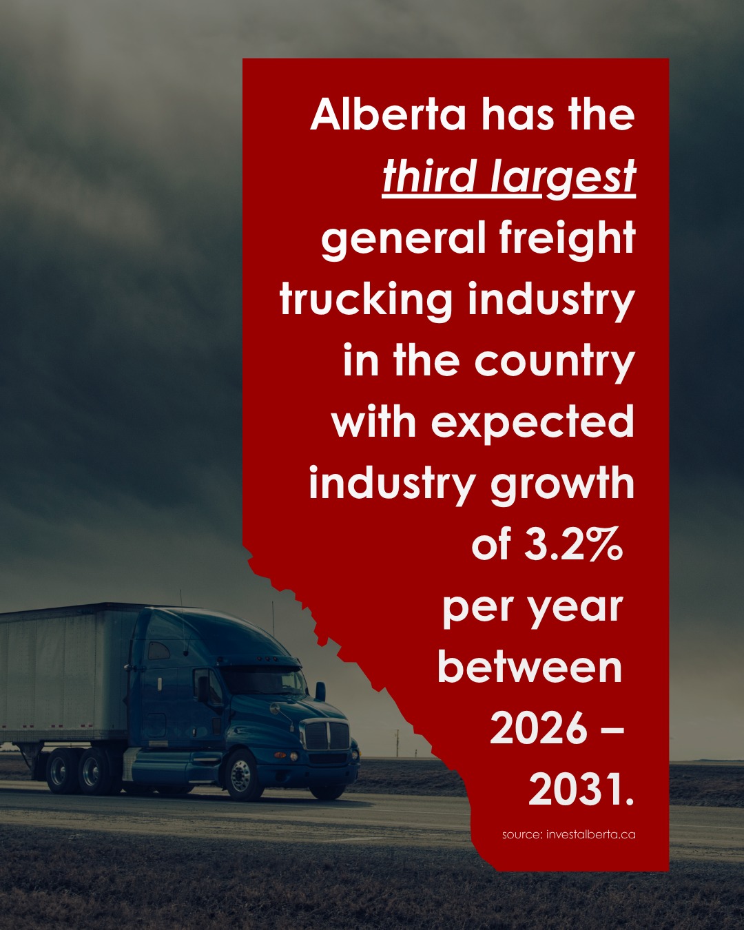 Canada’s Western Gateway is helping position Southern Alberta within one of Canada’s most competitive freight markets.
Alberta has the third largest general freight trucking industry in the country with projected annual industry growth of 3.2 percent through 2031.
That momentum is supported by a growing talent pool, including more than 150, 000 Class 1 drivers, and post-secondary programs that help prepare the workforce for future demand.
For businesses looking to invest, expand, or improve logistics operations, the CWG region offers access to skilled labour, strong transportation networks, and the infrastructure needed to support growth.
Discover why Southern Alberta is ready for what moves next. canadaswesterngateway.ca