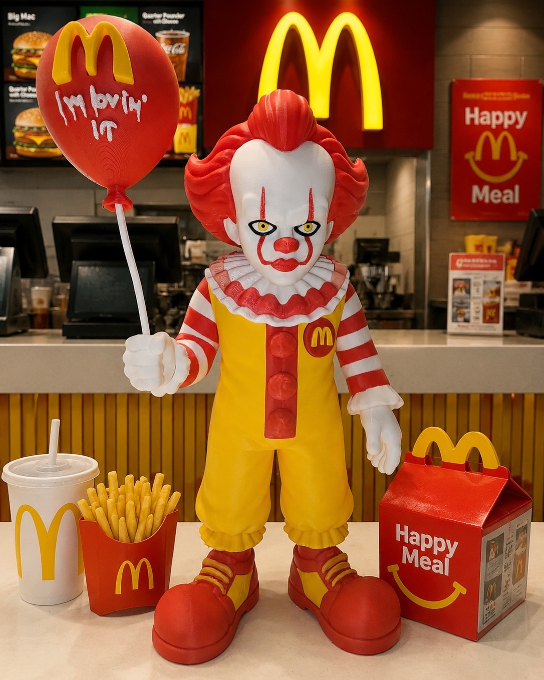 I’m Lovin’ IT…
When Pennywise gets hired for the night shift at McDonald’s… things get a little weird. 🍟🍔
This creepy-fast-food mashup was brought to life as a fully 3D printed remix featuring: Multi-color printing
🔥 Horror + nostalgia vibes
🔥 Custom McDonald’s-inspired details
🔥 The ultimate conversation piece for horror fans
Would you display this nightmare fuel in your setup?
#3DPrinting #Pennywise #ITMovie #McDonalds #RonaldMcDonald #winnipeg #HorrorCollectibles #3DPrinted #3DPrintArt #BambuLab #Purplemonkeyprints #3DPrintingWinnipeg #CreepyCool