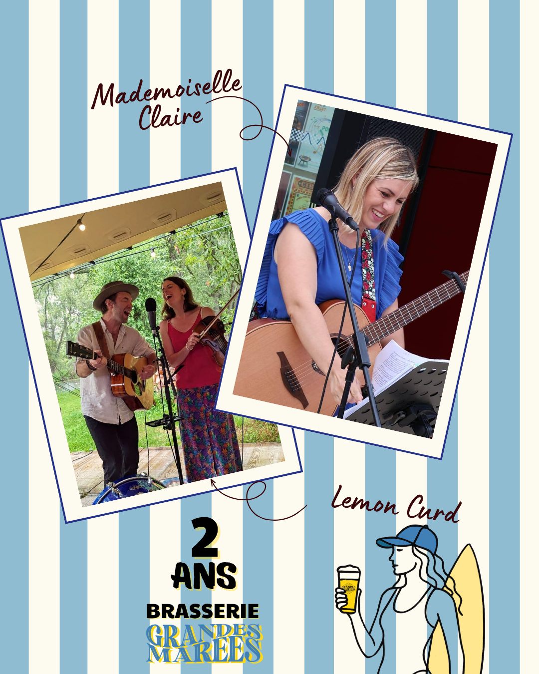 🌊 2 ANS DE LA BRASSERIE GRANDES MAREES! 🌊
Le samedi 6 juin : une après-midi musicale t'attend pour nos 2 ans !
Vers 14h30 🍋 @lemoncurdband , duo folk originaire de Montreuil-sur-mer 🎻
Vers 16h30 👩🎤 @mademoiselleclaire_off , adepte de la chanson française, se produisant en live acoustique 🎸
#brasseriegrandesmarees #cotedopaletourisme #anniversaire #2ans #journeeportesouvertes